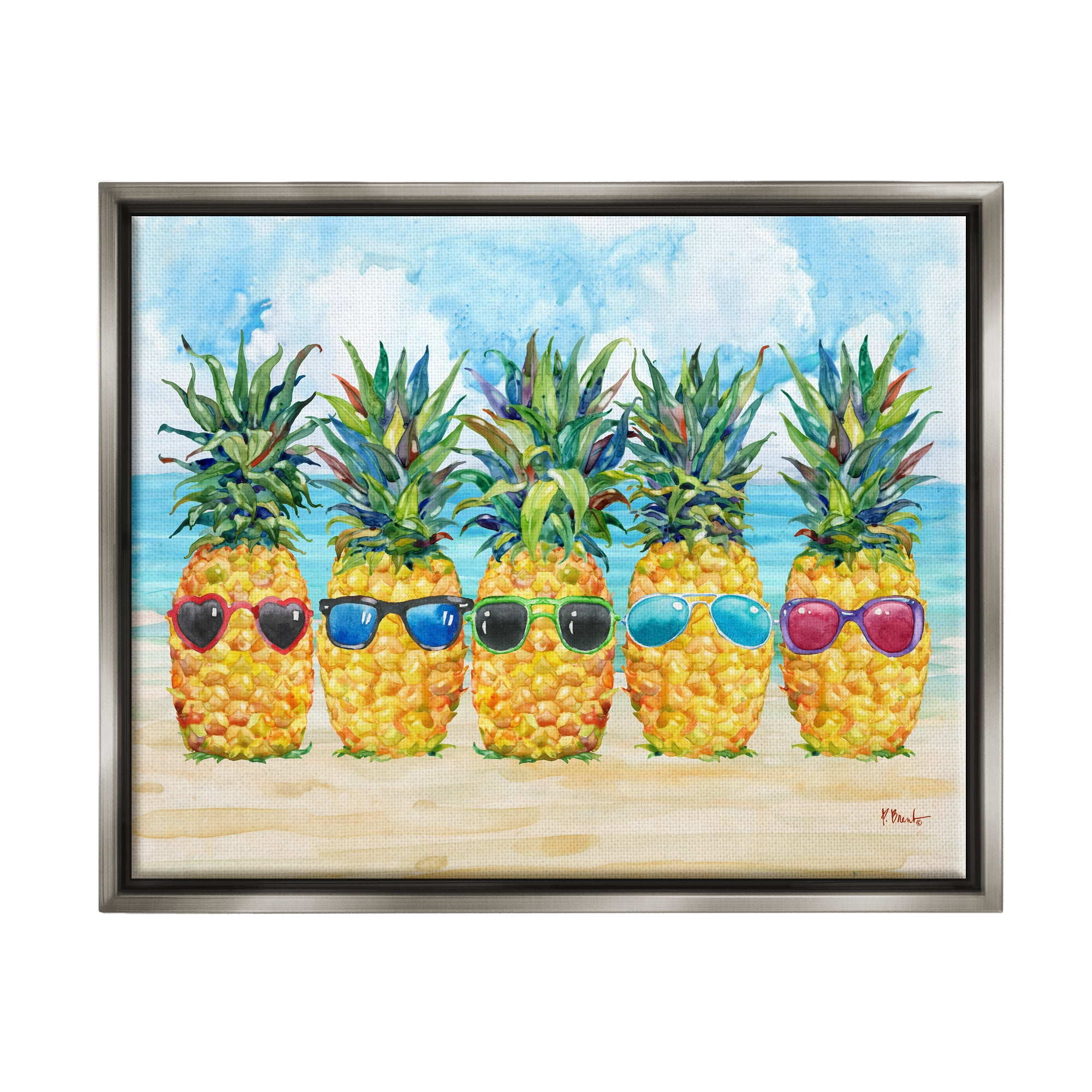 Stupell Industries Pineapples & Sunglasses Food & Beverage Painting Gray Floater Framed Canvas Art Print Wall Art, 31 x 25