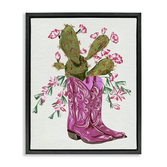 Stupell Industries Pink Accent Cactus & Boots Plants & Flowers Painting Black Floater Framed Canvas Art Print Wall Art, 17 x 21