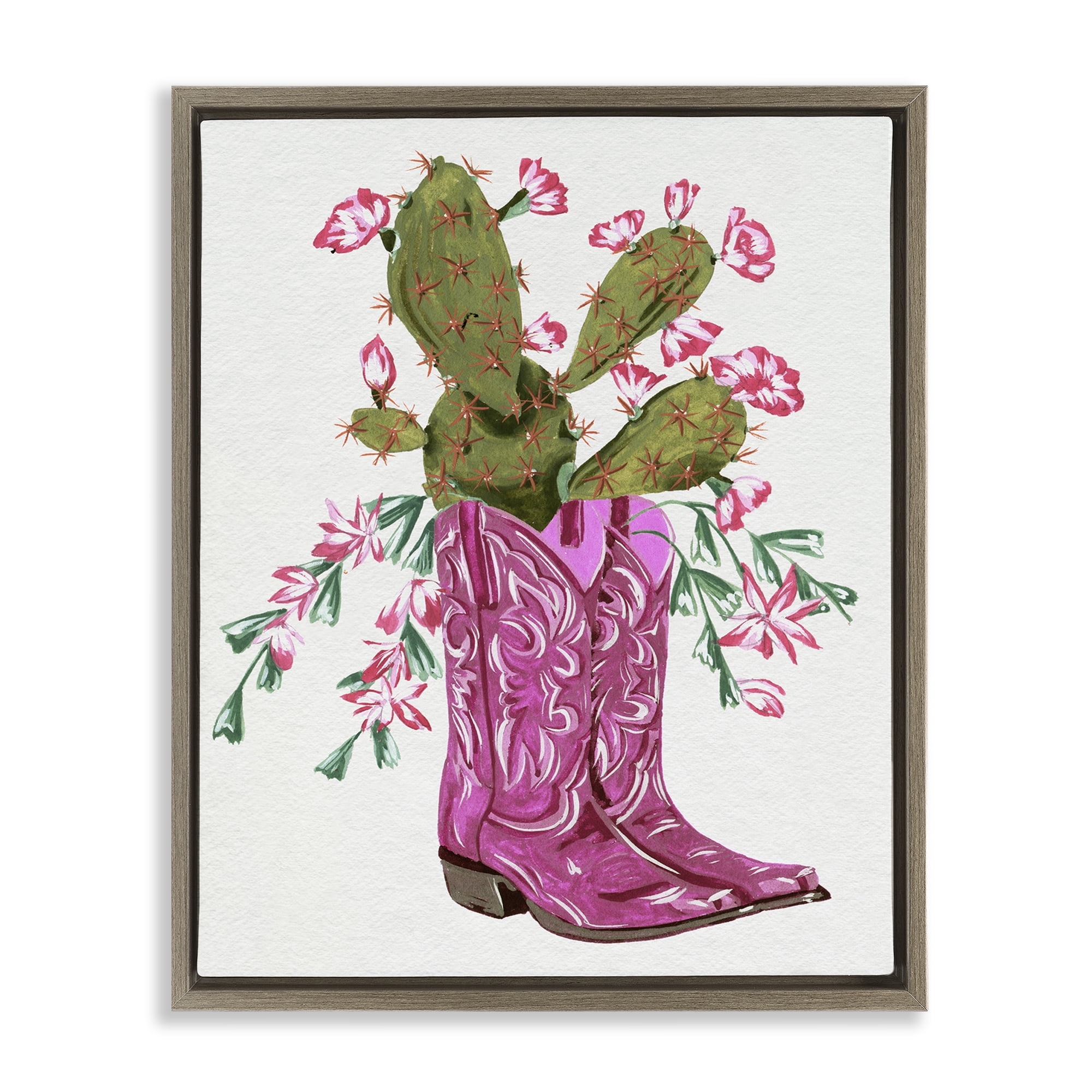 Stupell Industries Pink Accent Cactus & Boots Plants & Flowers Painting Brown Floater Framed Canvas Art Print Wall Art, 25 x 31