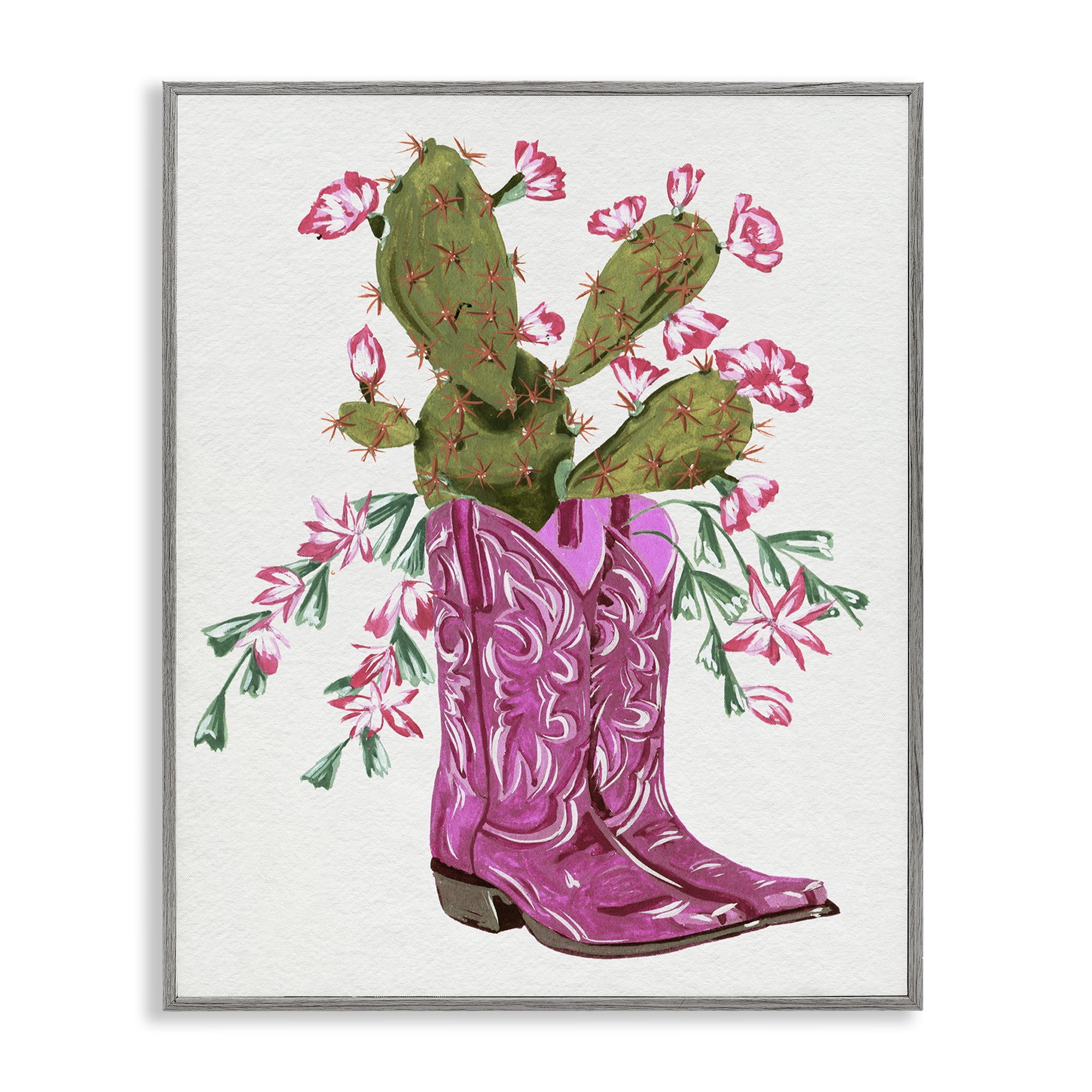 Stupell Industries Pink Accent Cactus & Boots Plants & Flowers Painting Gray Framed Art Print Wall Art, 24 x 30