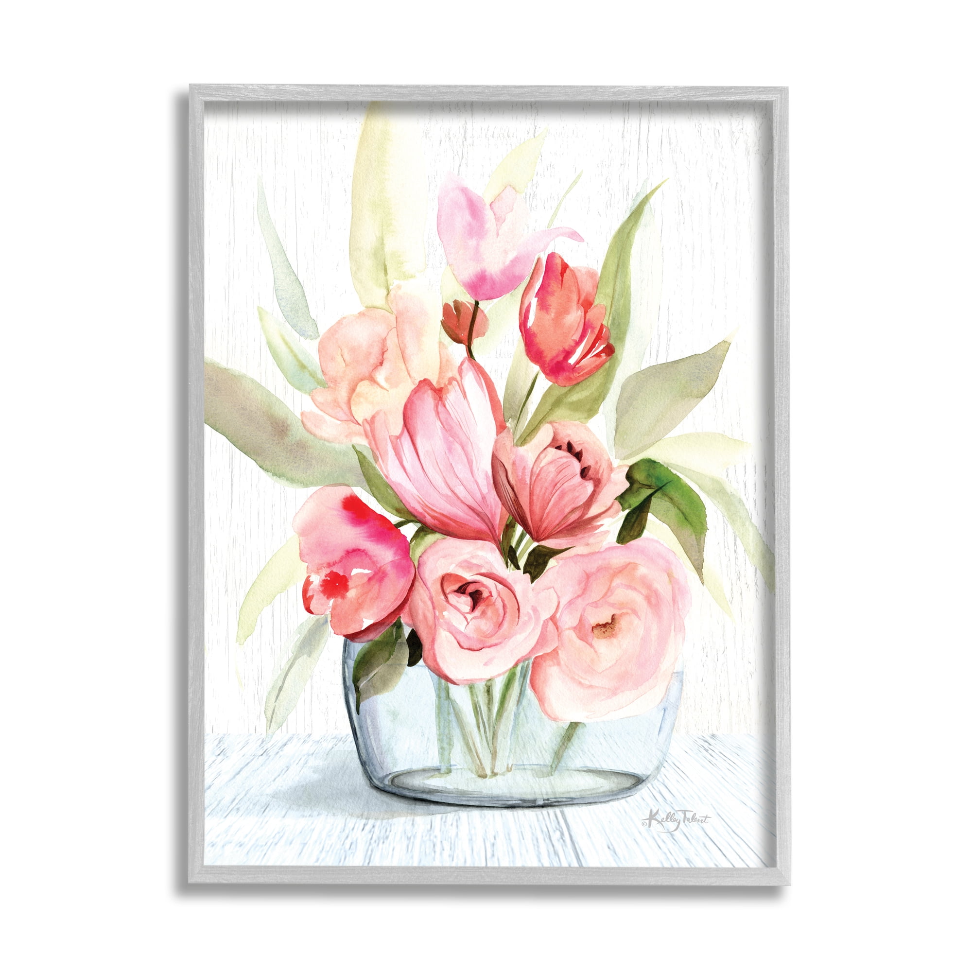 Stupell Industries Pink Assorted Flower Bouquet Vase Grain Pattern Design , 24 x 30, Design by Kelley Talent