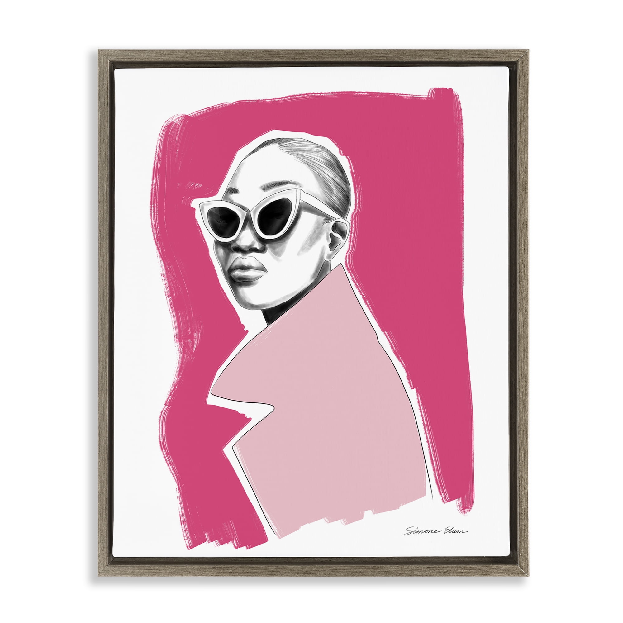 Stupell Industries Pink Attitude Fashion Portrait Brown Framed Floater Canvas Wall Art, design by Simone Elum