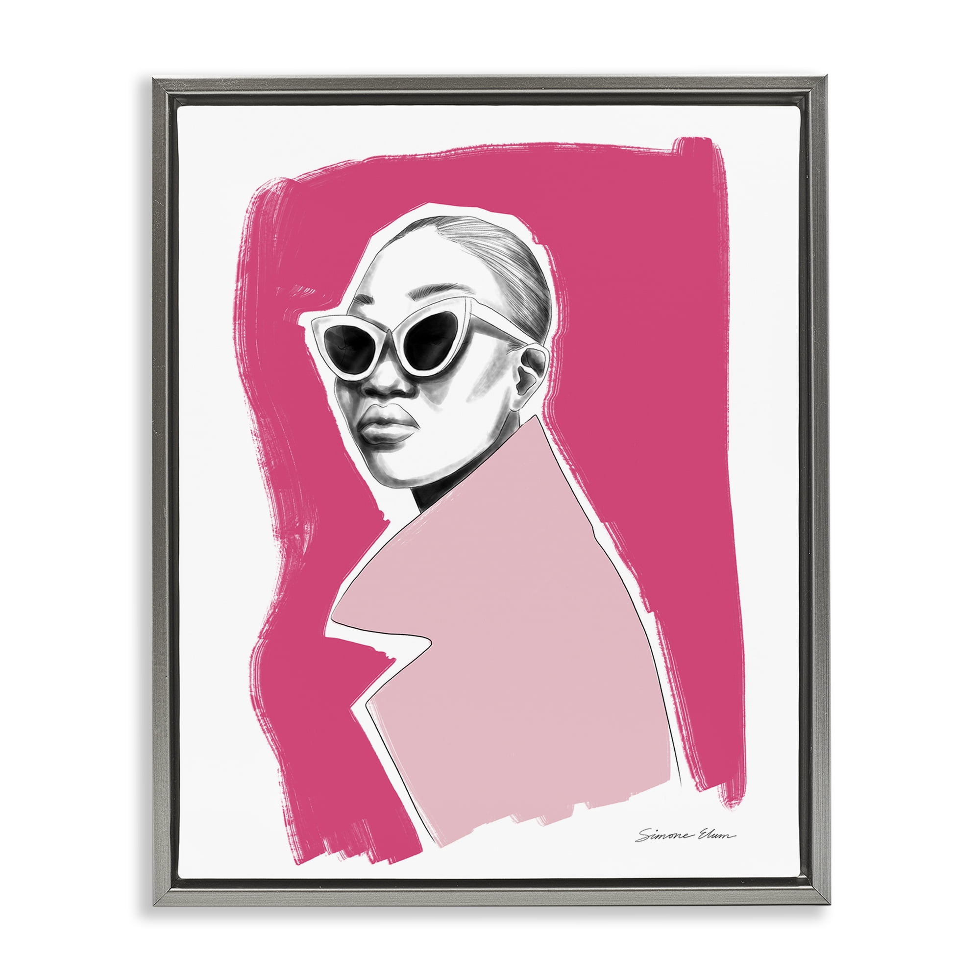 Stupell Industries Pink Attitude Fashion Portrait Gray Framed Floater Canvas Wall Art, design by Simone Elum