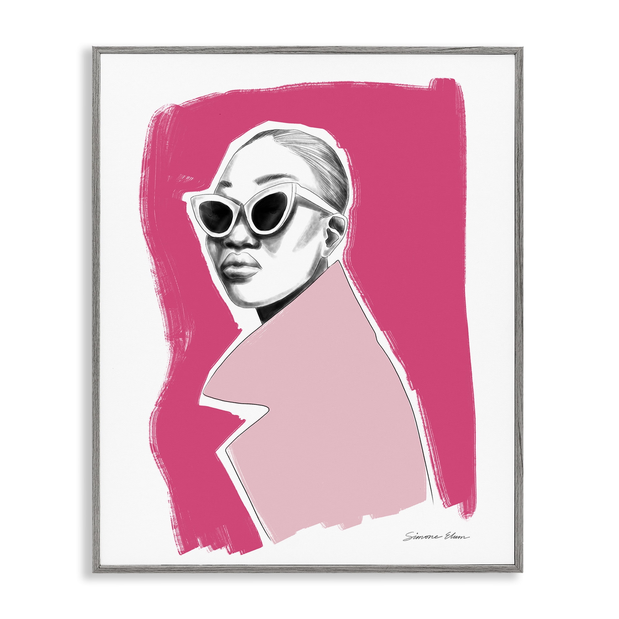 Stupell Industries Pink Attitude Fashion Portrait Gray Framed Giclee Art, design by Simone Elum