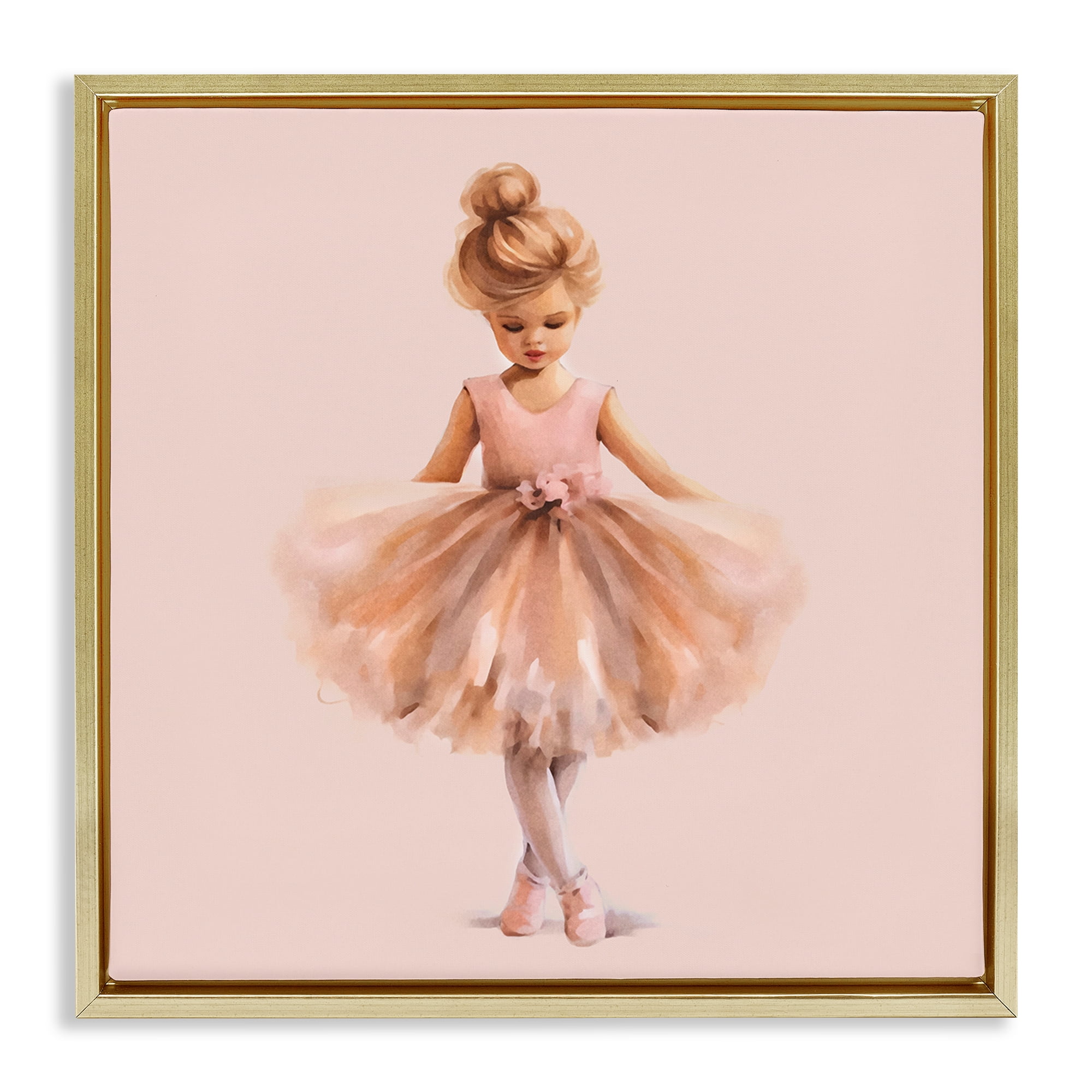 Stupell Industries Pink Ballerina Girl People Painting Gold Floater Framed Canvas Art Print Wall Art, 25 x 25