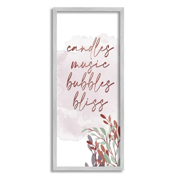Stupell Industries Pink Bathroom Words Botanical & Floral Painting Gray Framed Art Print Wall Art, 10 x 24