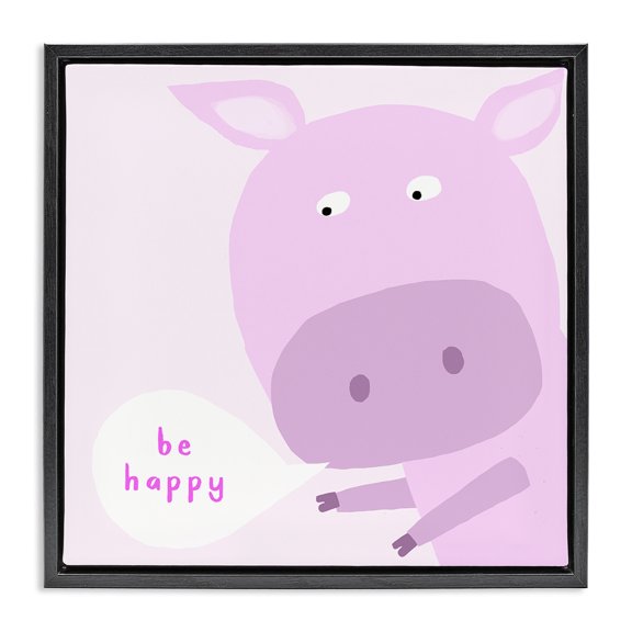 Stupell Industries Pink Be Happy Cow Quotes and Sayings Painting Black Floater Framed Canvas Art Print Wall Art, 25 x 25