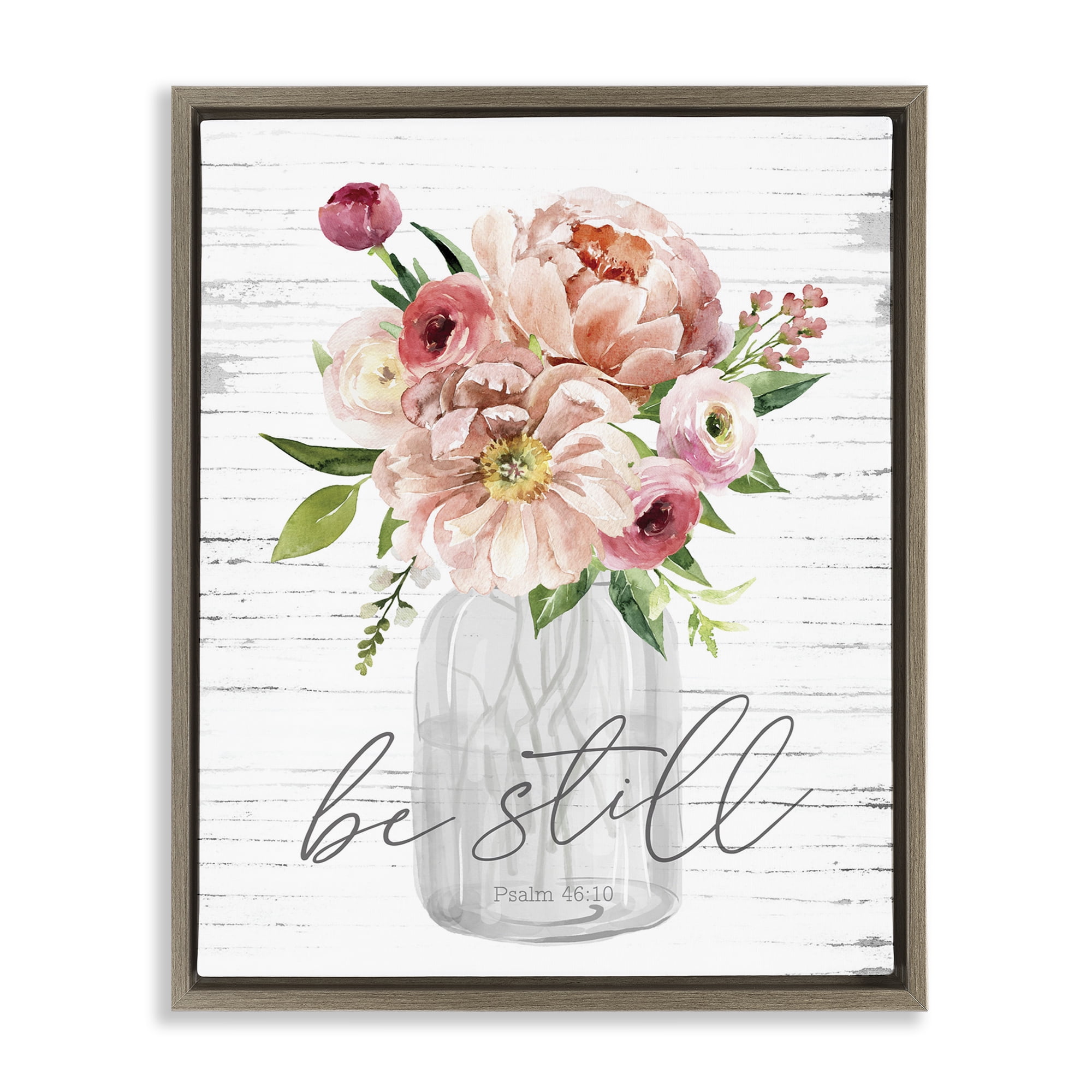 Stupell Industries Pink Be Still Bouquet Religious Painting Brown Floater Framed Canvas Art Print Wall Art, 17 x 21