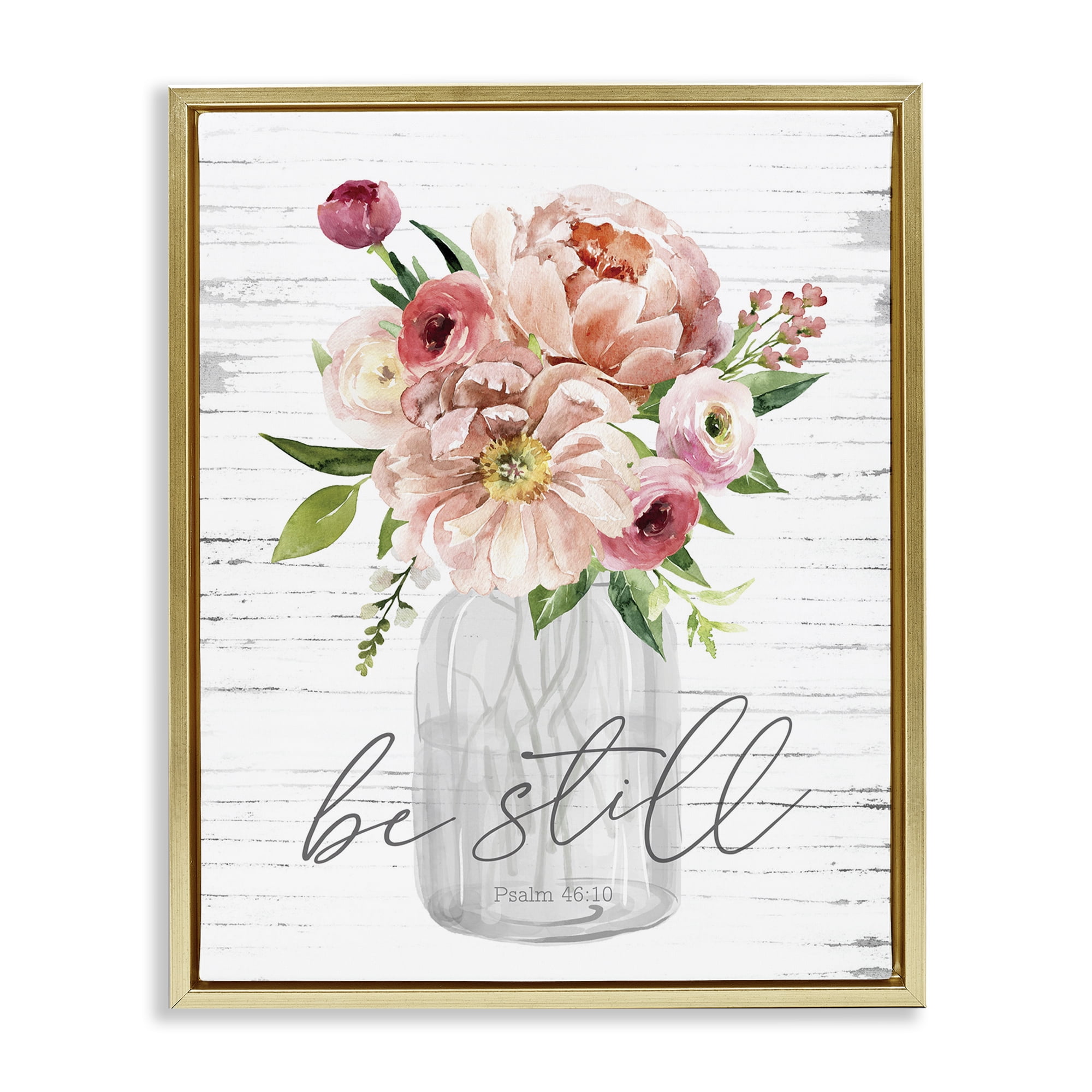 Stupell Industries Pink Be Still Bouquet Religious Painting Gold Floater Framed Canvas Art Print Wall Art, 25 x 31
