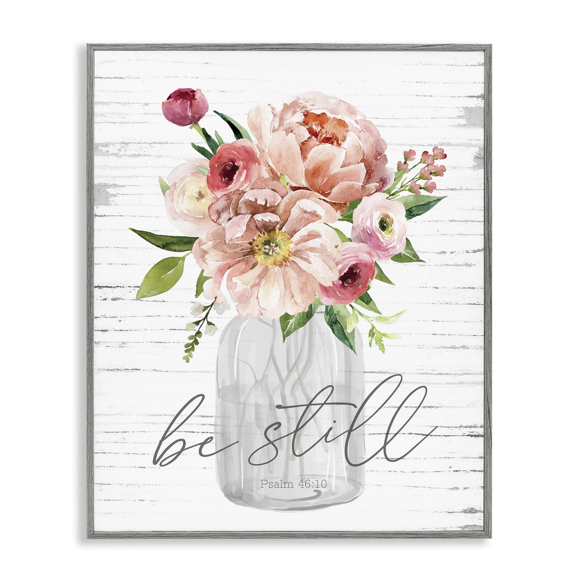 Stupell Industries Pink Be Still Bouquet Religious Painting Gray Framed Art Print Wall Art, 11 x 14