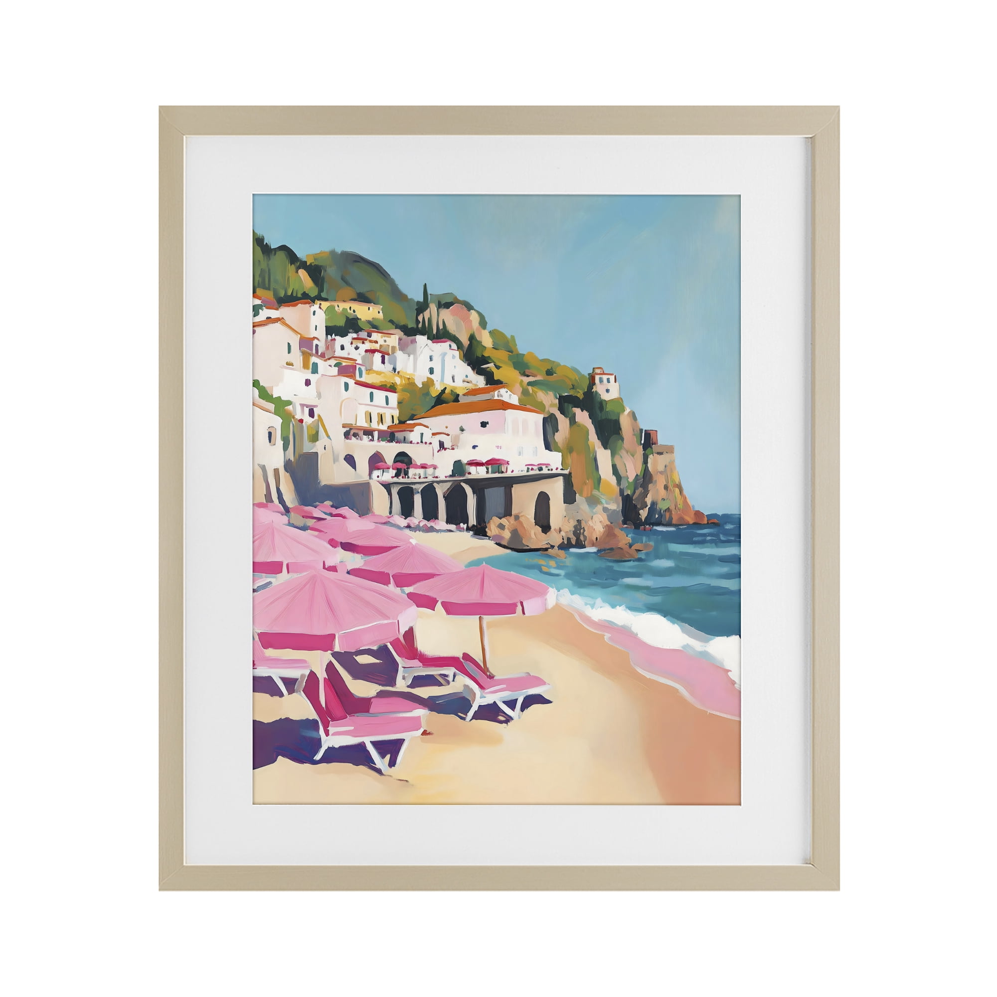 Stupell Industries Pink Beach Chairs on Shoreline Birch Framed Print Under Glass, design by The Prints Vibe