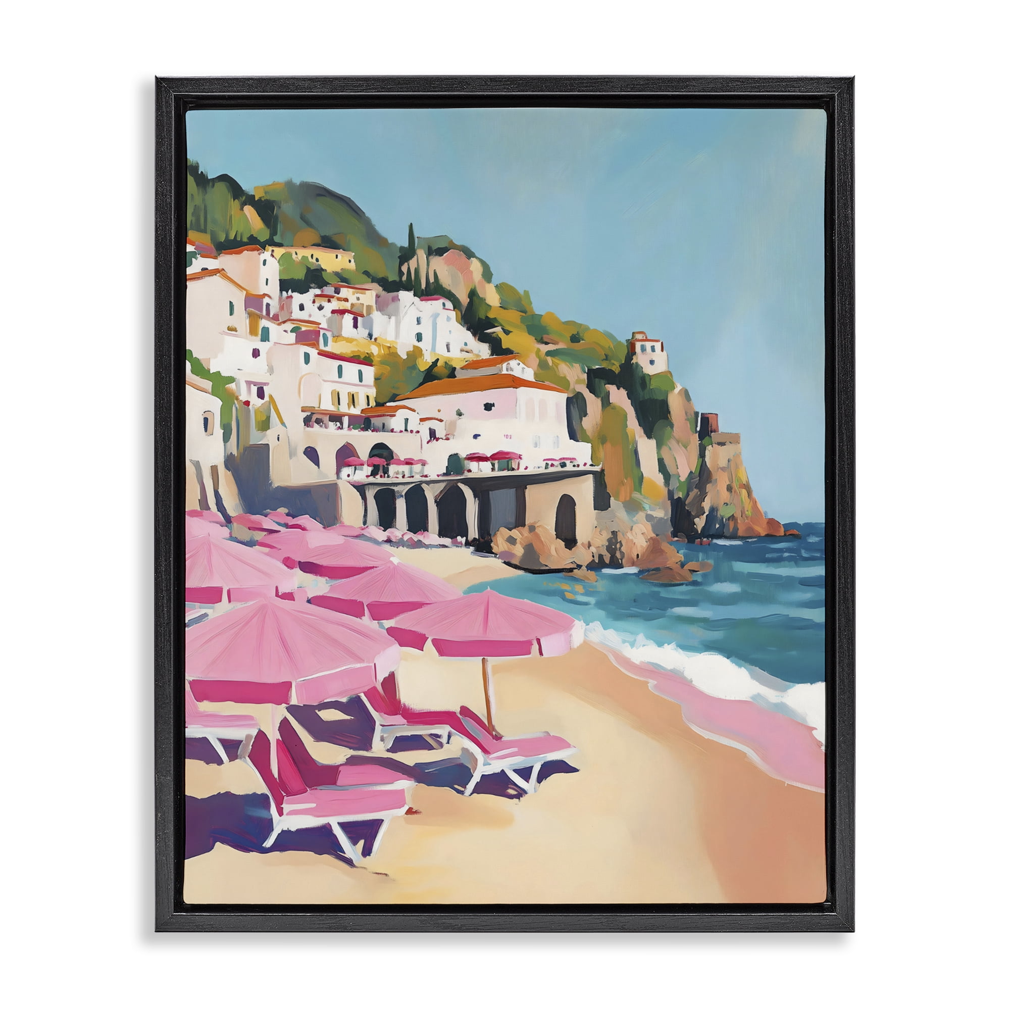 Stupell Industries Pink Beach Chairs on Shoreline Black Framed Floater Canvas Wall Art, design by The Prints Vibe