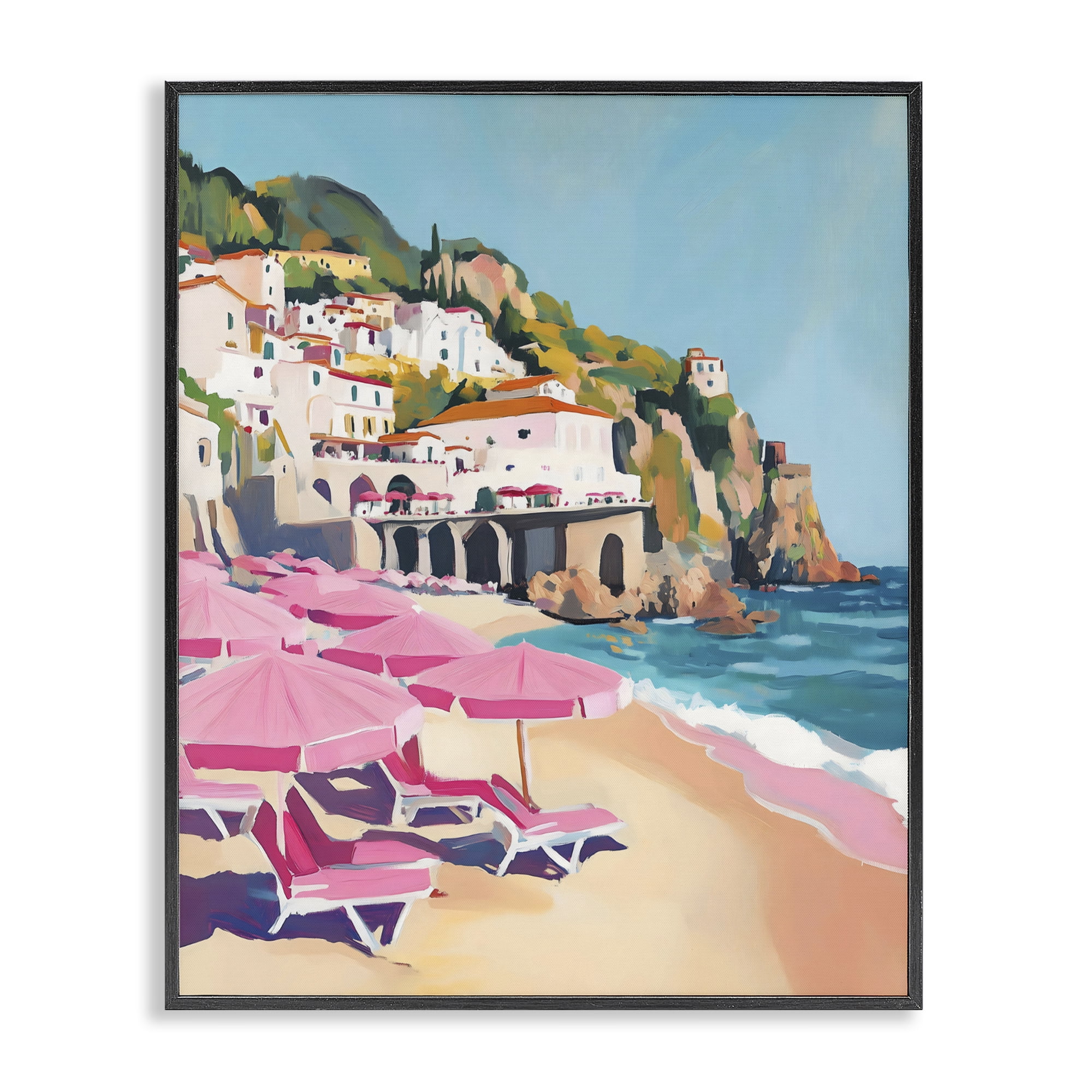 Stupell Industries Pink Beach Chairs on Shoreline Black Framed Giclee Art, design by The Prints Vibe
