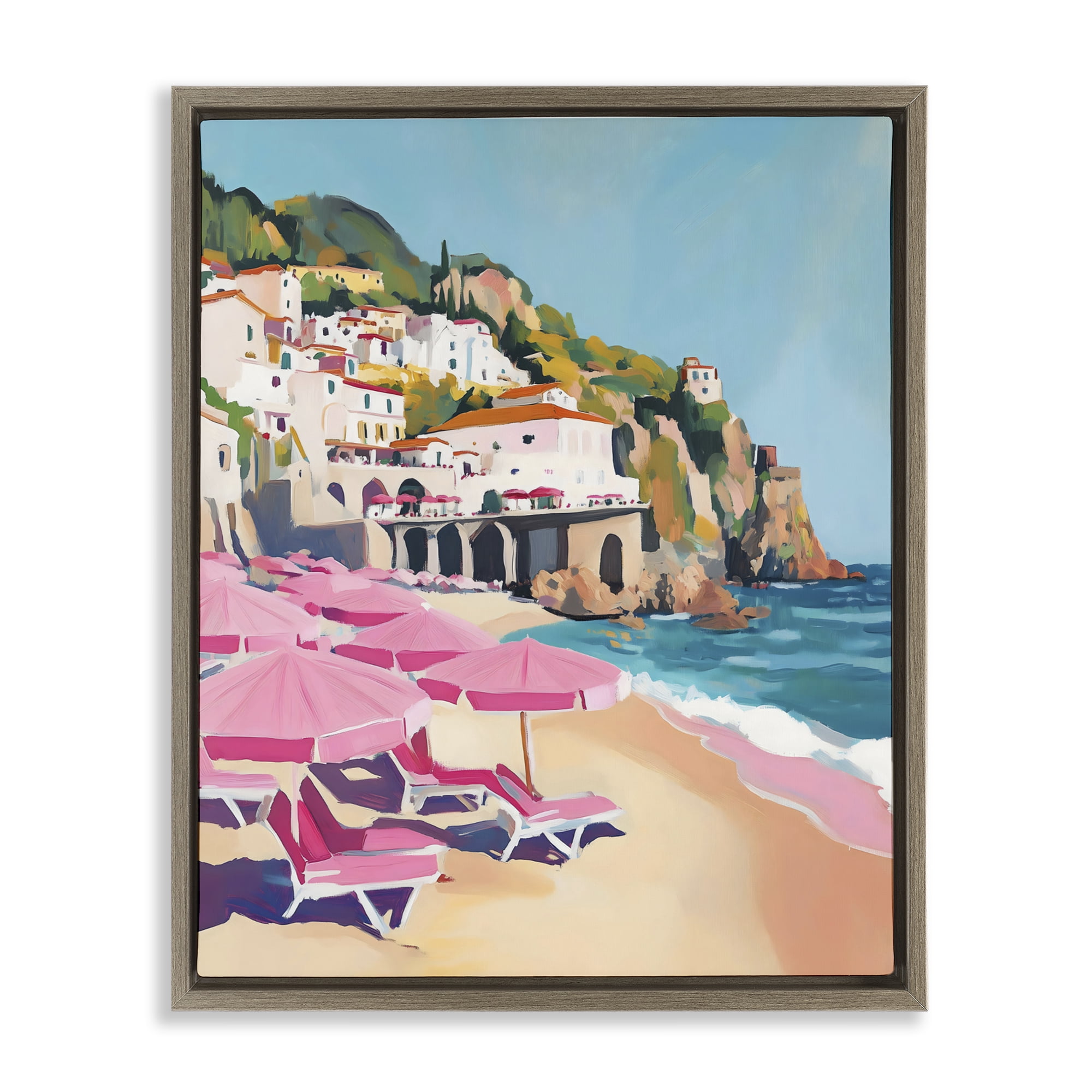 Stupell Industries Pink Beach Chairs on Shoreline Brown Framed Floater Canvas Wall Art, design by The Prints Vibe