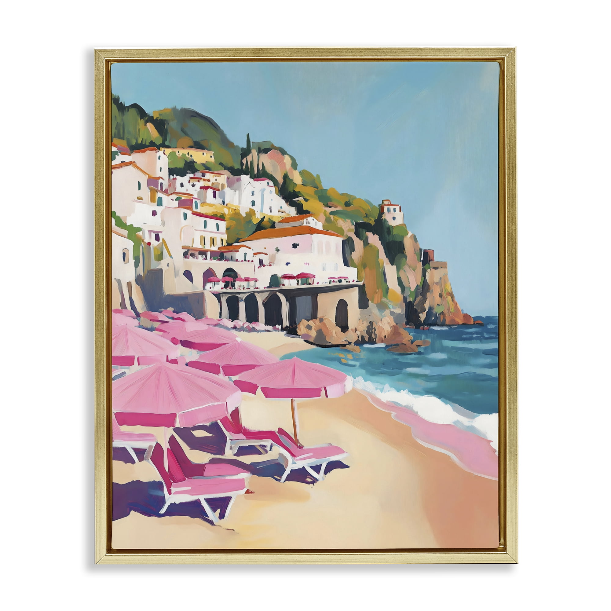 Stupell Industries Pink Beach Chairs on Shoreline Gold Framed Floater Canvas Wall Art, design by The Prints Vibe