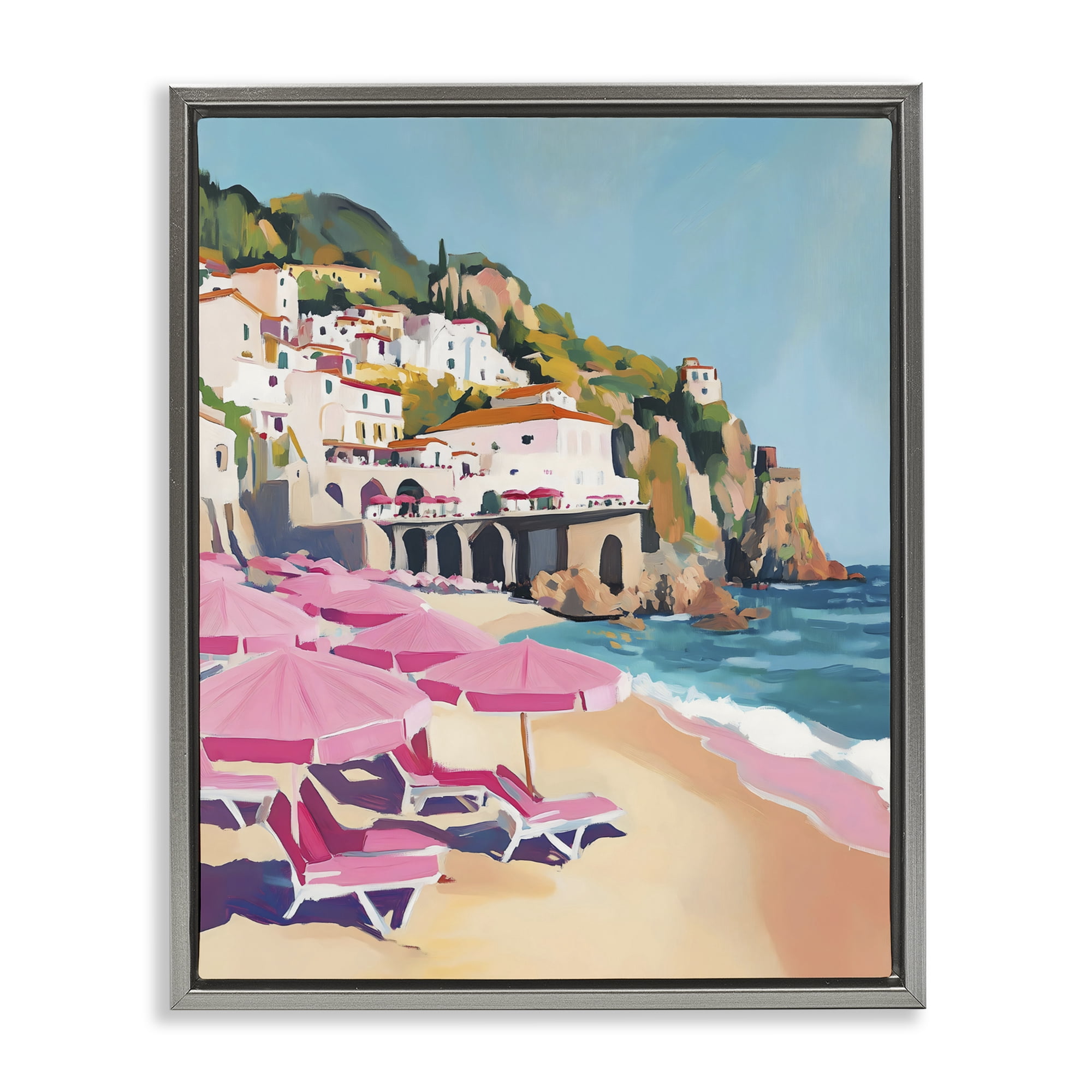 Stupell Industries Pink Beach Chairs on Shoreline Gray Framed Floater Canvas Wall Art, design by The Prints Vibe