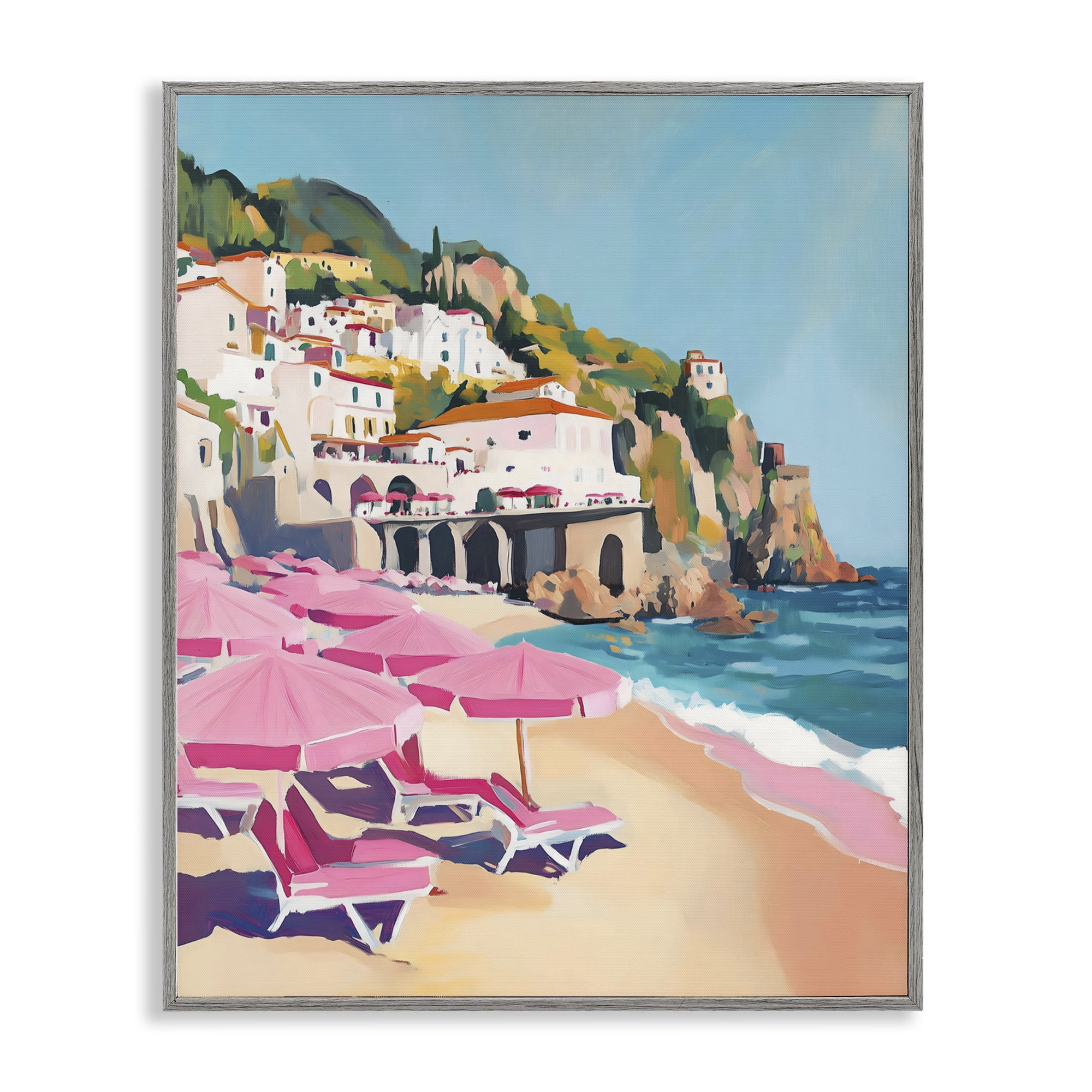 Stupell Industries Pink Beach Chairs on Shoreline Gray Framed Giclee Art, design by The Prints Vibe