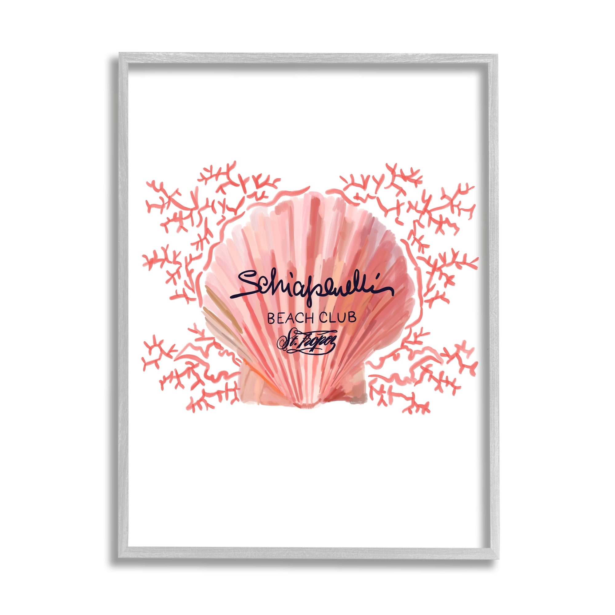 Stupell Industries Pink Beach Club Shell Animals & Insects Painting Gray Framed Art Print Wall Art, 11 x 14