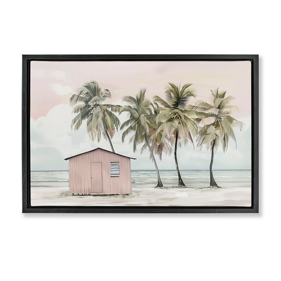 Stupell Industries Pink Beach Hut & Palms Nautical & Beach Painting Black Floater Framed Canvas Art Print Wall Art, 25 x 17