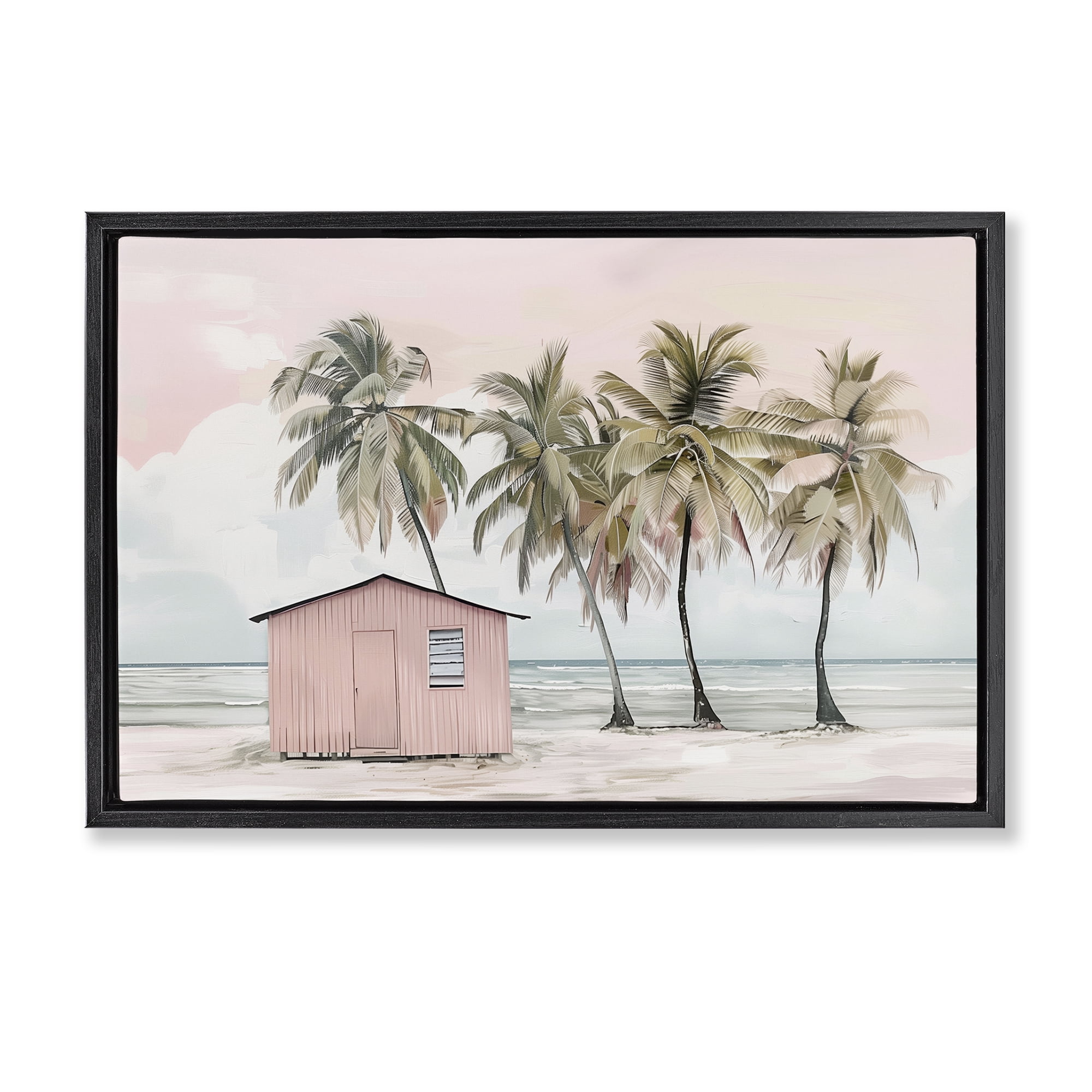 Stupell Industries Pink Beach Hut & Palms Nautical & Beach Painting Black Floater Framed Canvas Art Print Wall Art, 31 x 21
