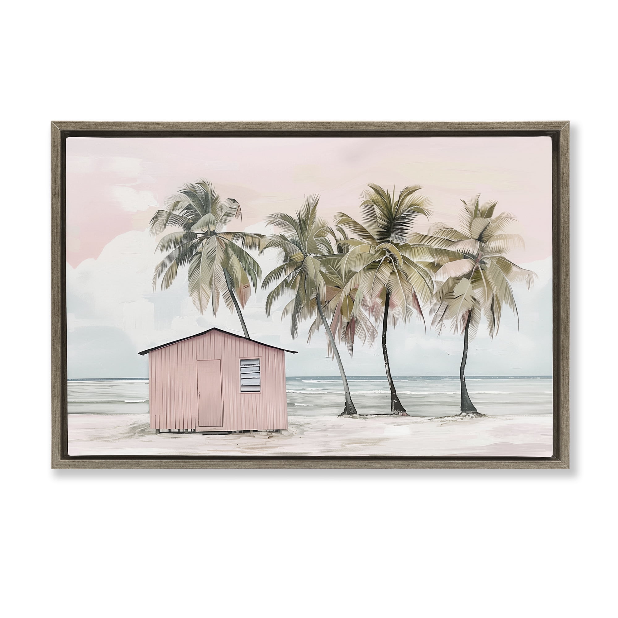 Stupell Industries Pink Beach Hut & Palms Nautical & Beach Painting Brown Floater Framed Canvas Art Print Wall Art, 25 x 17