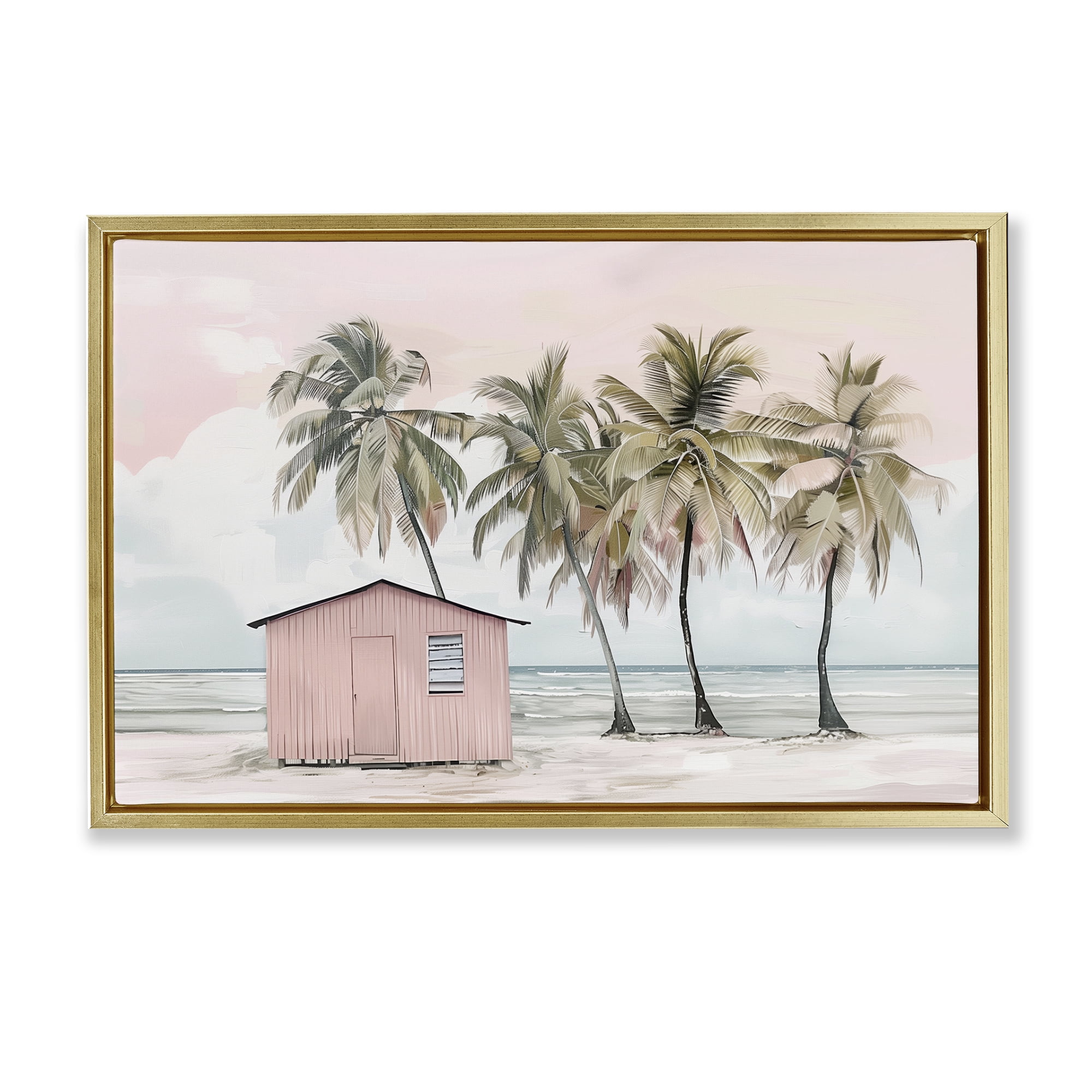 Stupell Industries Pink Beach Hut & Palms Nautical & Beach Painting Gold Floater Framed Canvas Art Print Wall Art, 31 x 21