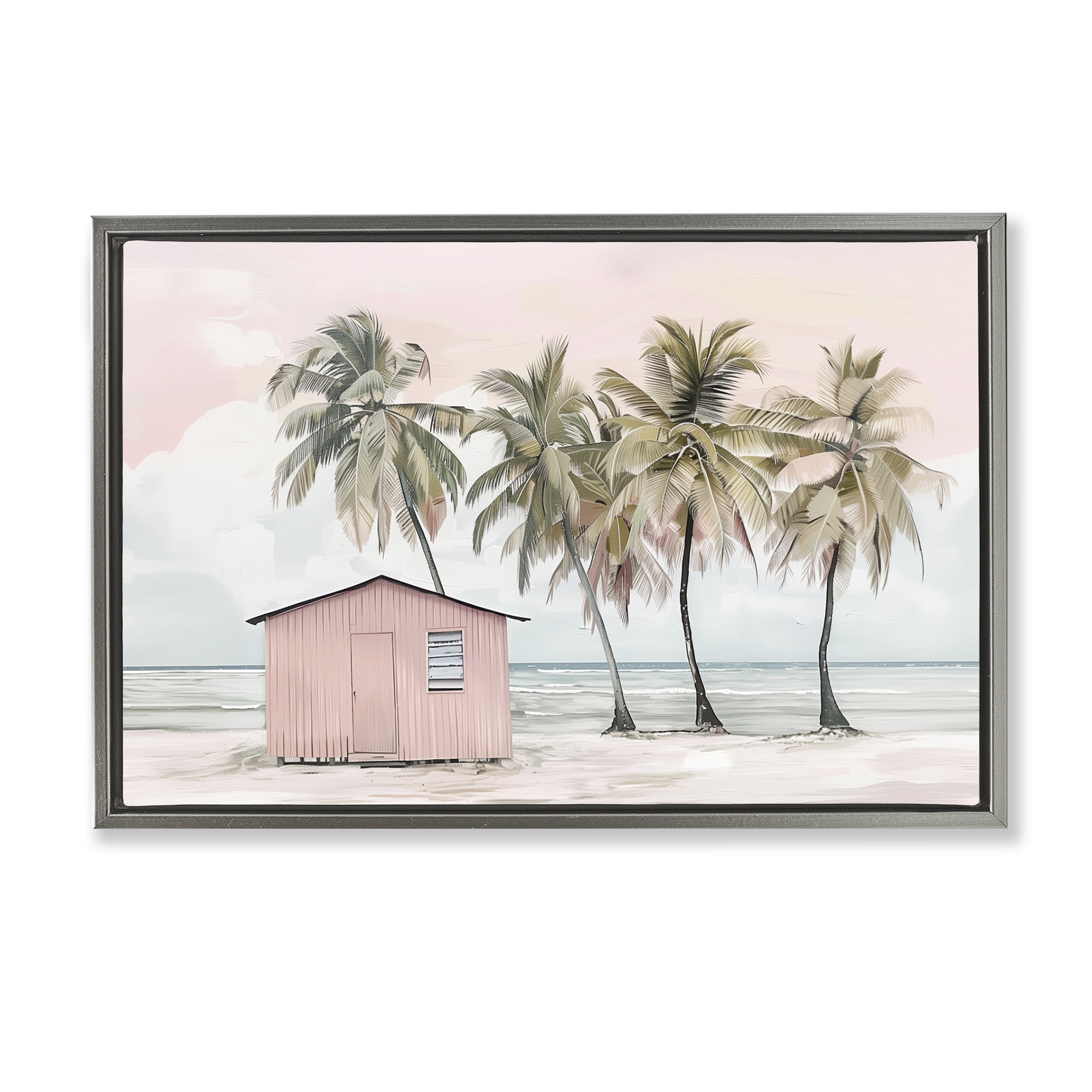 Stupell Industries Pink Beach Hut & Palms Nautical & Beach Painting Gray Floater Framed Canvas Art Print Wall Art, 31 x 21