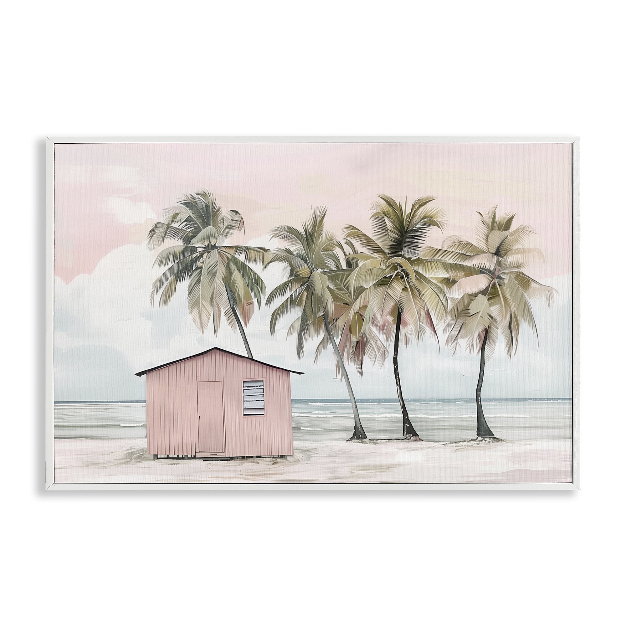 Stupell Industries Pink Beach Hut & Palms Nautical & Beach Painting White Framed Art Print Wall Art, 24 x 16