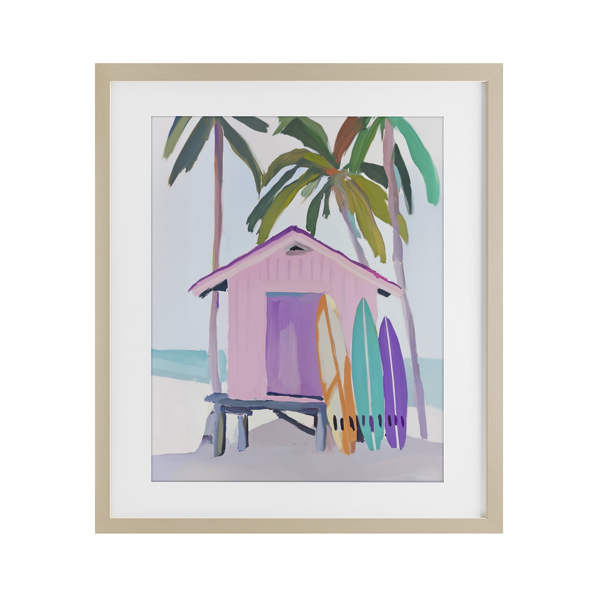 Stupell Industries Pink Beach Hut with Surfboards Birch Framed Print Under Glass, design by Sisi and Seb