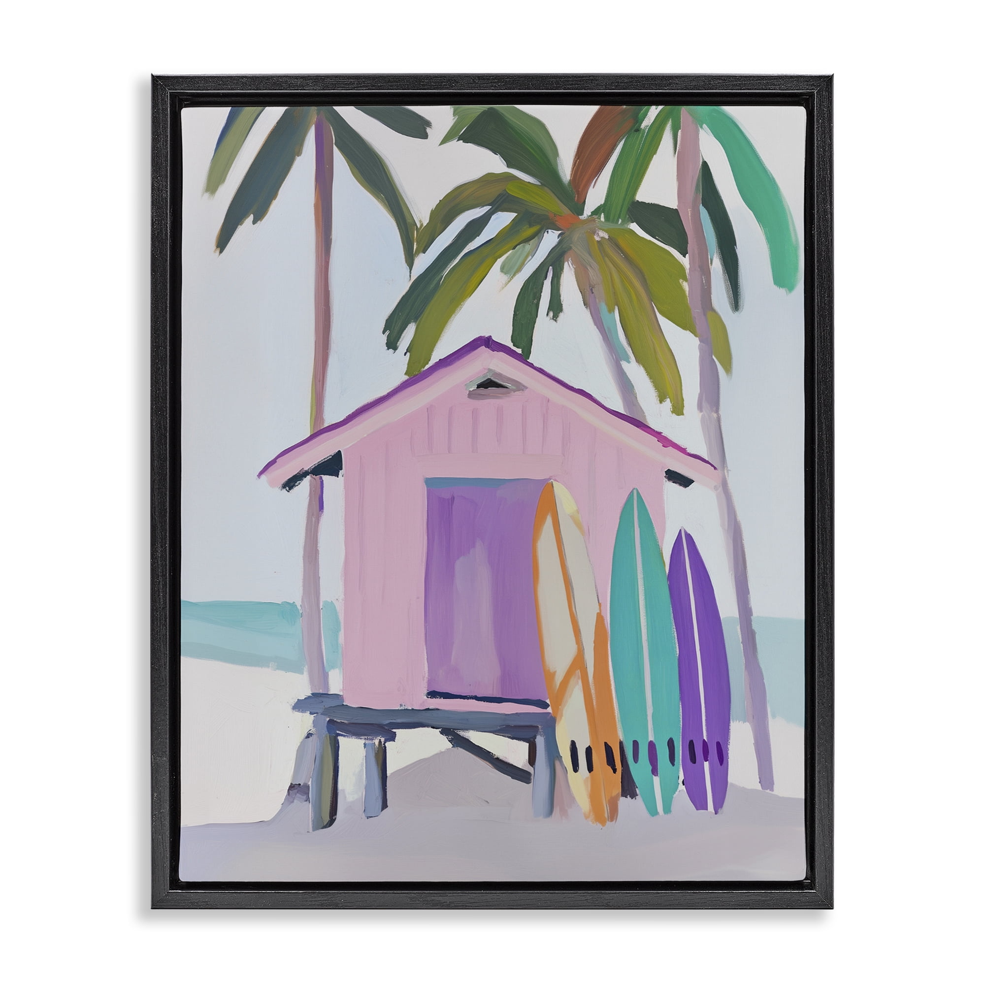 Stupell Industries Pink Beach Hut with Surfboards Black Framed Floater Canvas Wall Art, design by Sisi and Seb