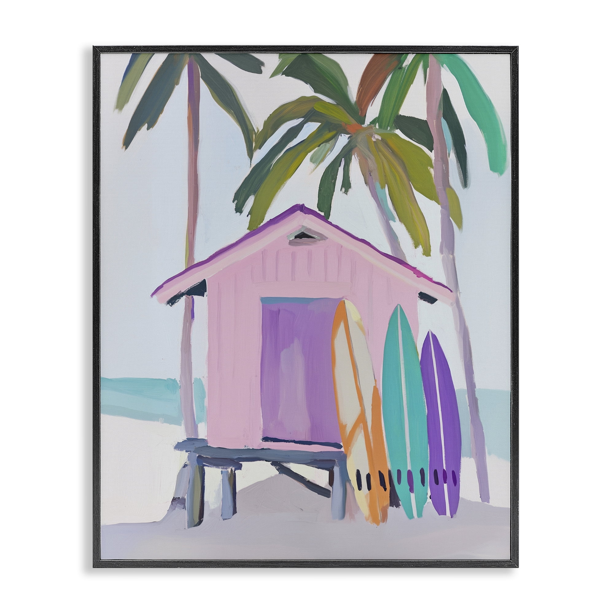 Stupell Industries Pink Beach Hut with Surfboards Black Framed Giclee Art, design by Sisi and Seb