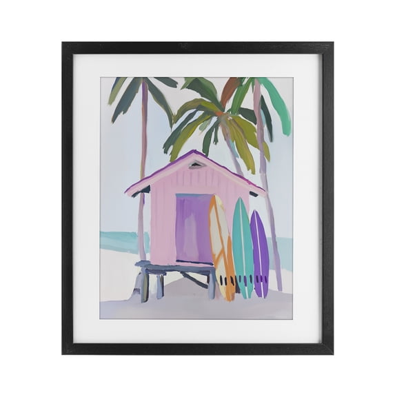 Stupell Industries Tropical Pink Beach Hut with Surfboards Black Framed Print Under Glass, 13 x 16, by Sisi and Seb