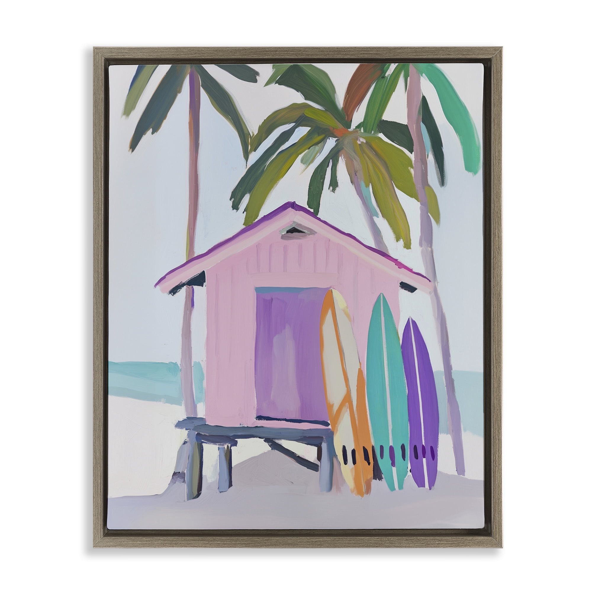 Stupell Industries Pink Beach Hut with Surfboards Brown Framed Floater Canvas Wall Art, design by Sisi and Seb
