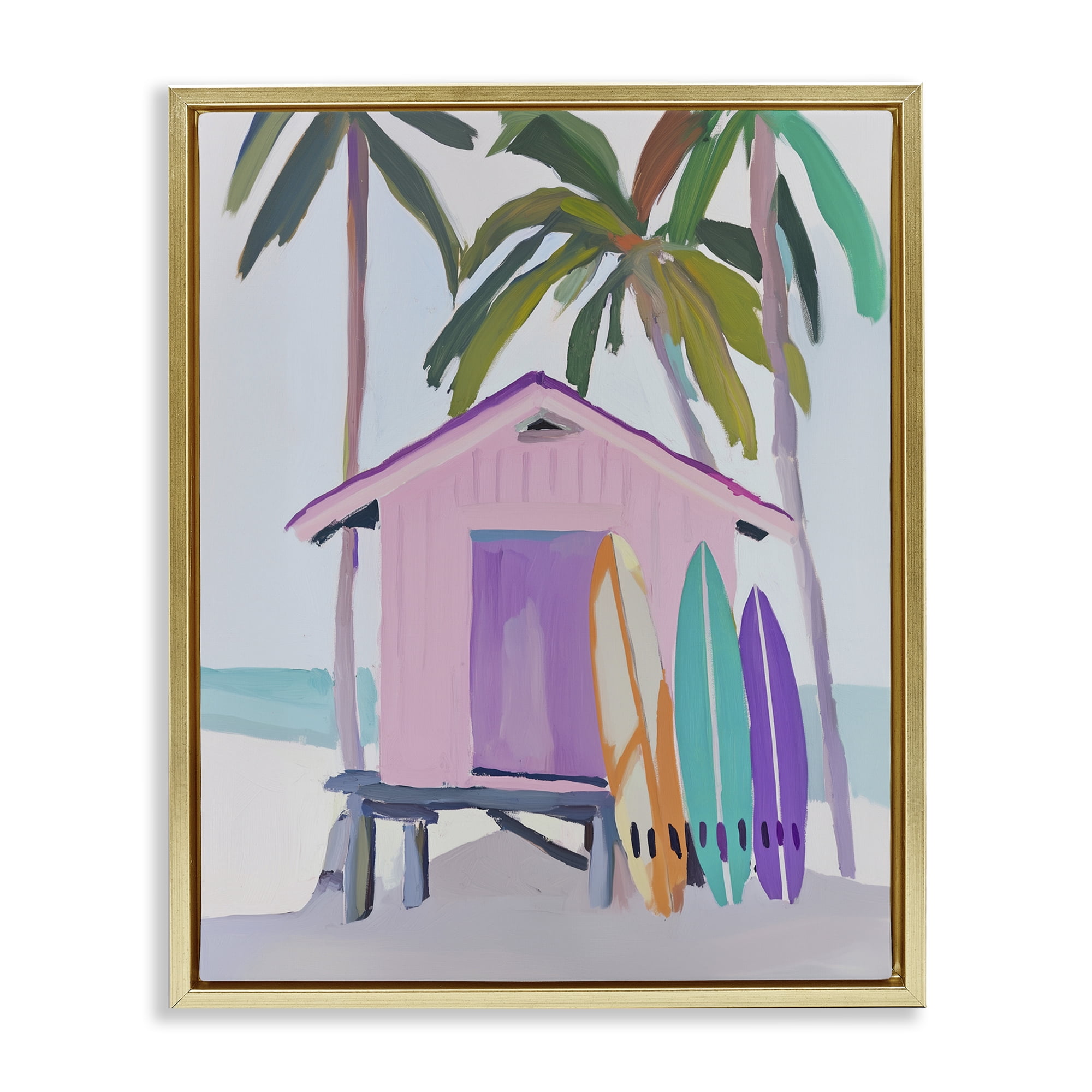 Stupell Industries Pink Beach Hut with Surfboards Gold Framed Floater Canvas Wall Art, design by Sisi and Seb