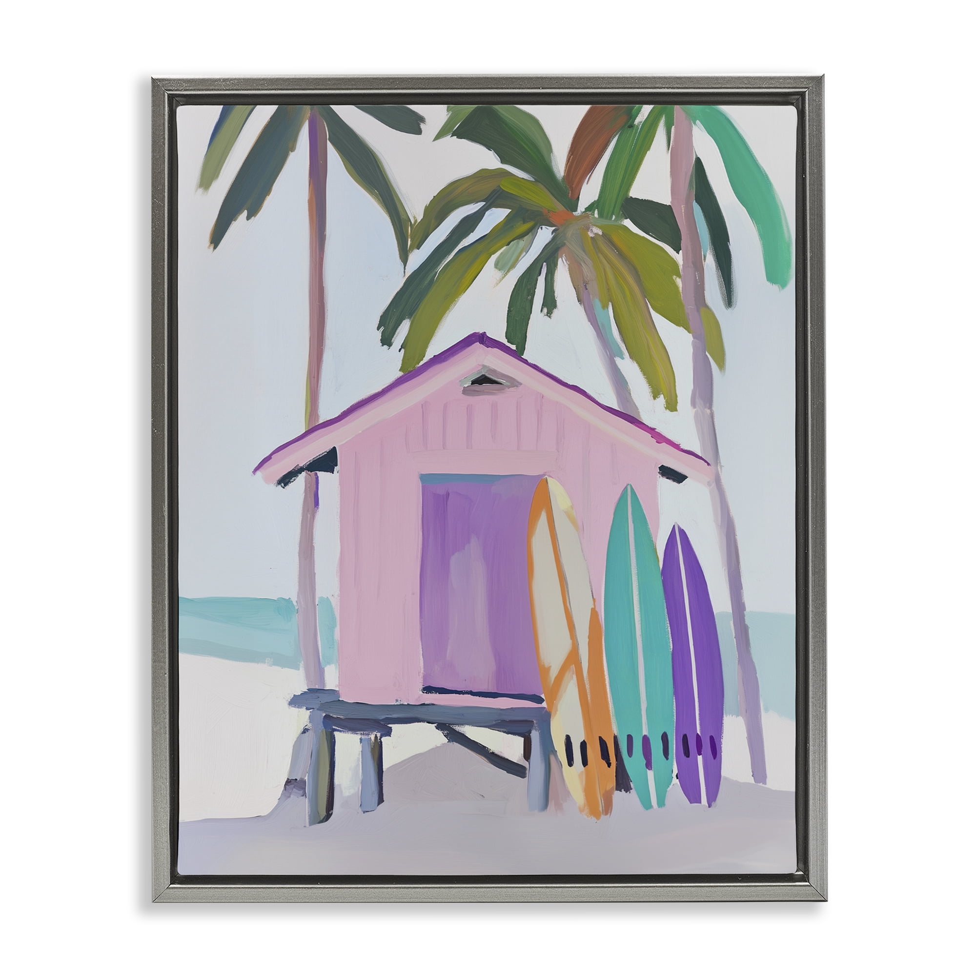 Stupell Industries Pink Beach Hut with Surfboards Gray Framed Floater Canvas Wall Art, design by Sisi and Seb