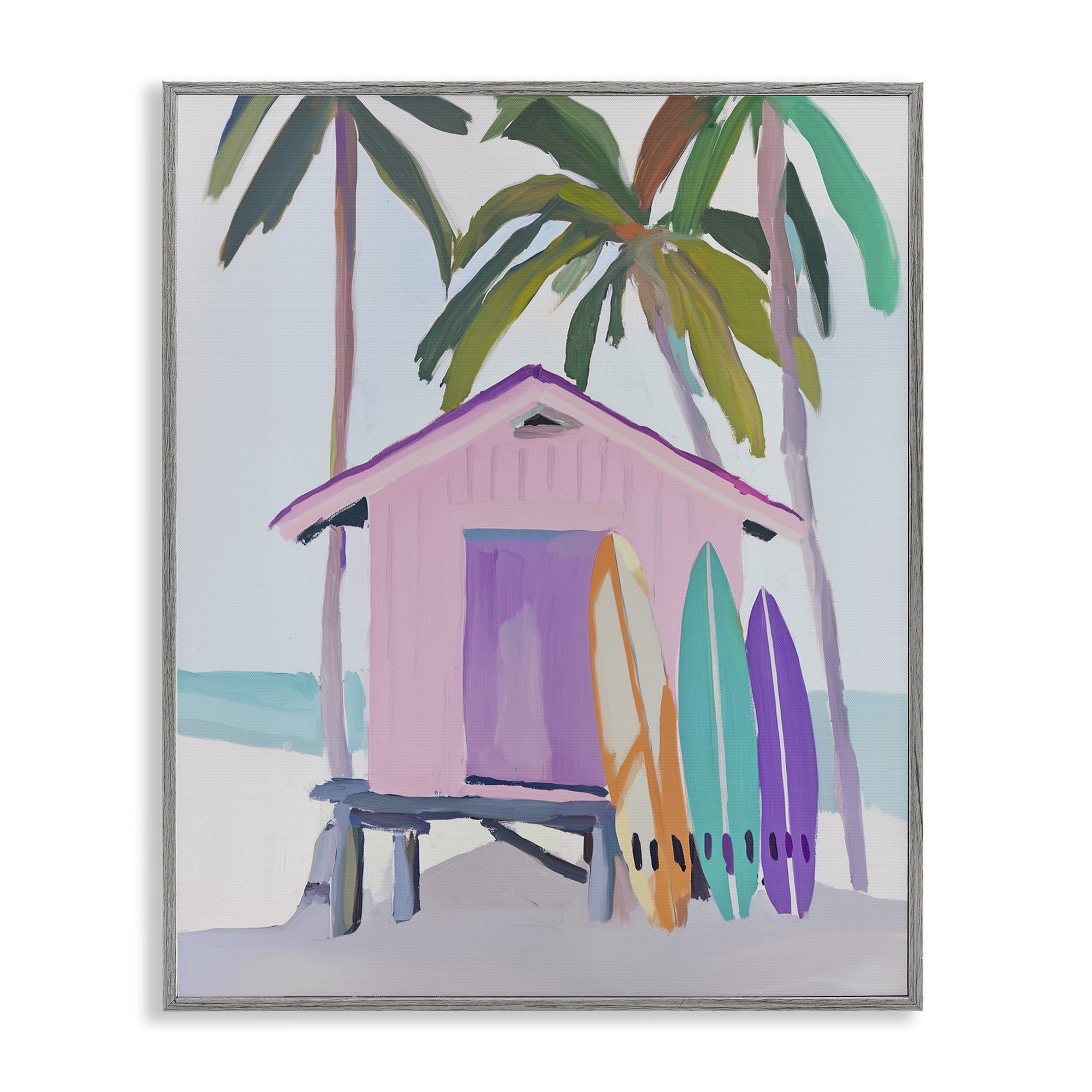 Stupell Industries Pink Beach Hut with Surfboards Gray Framed Giclee Art, design by Sisi and Seb