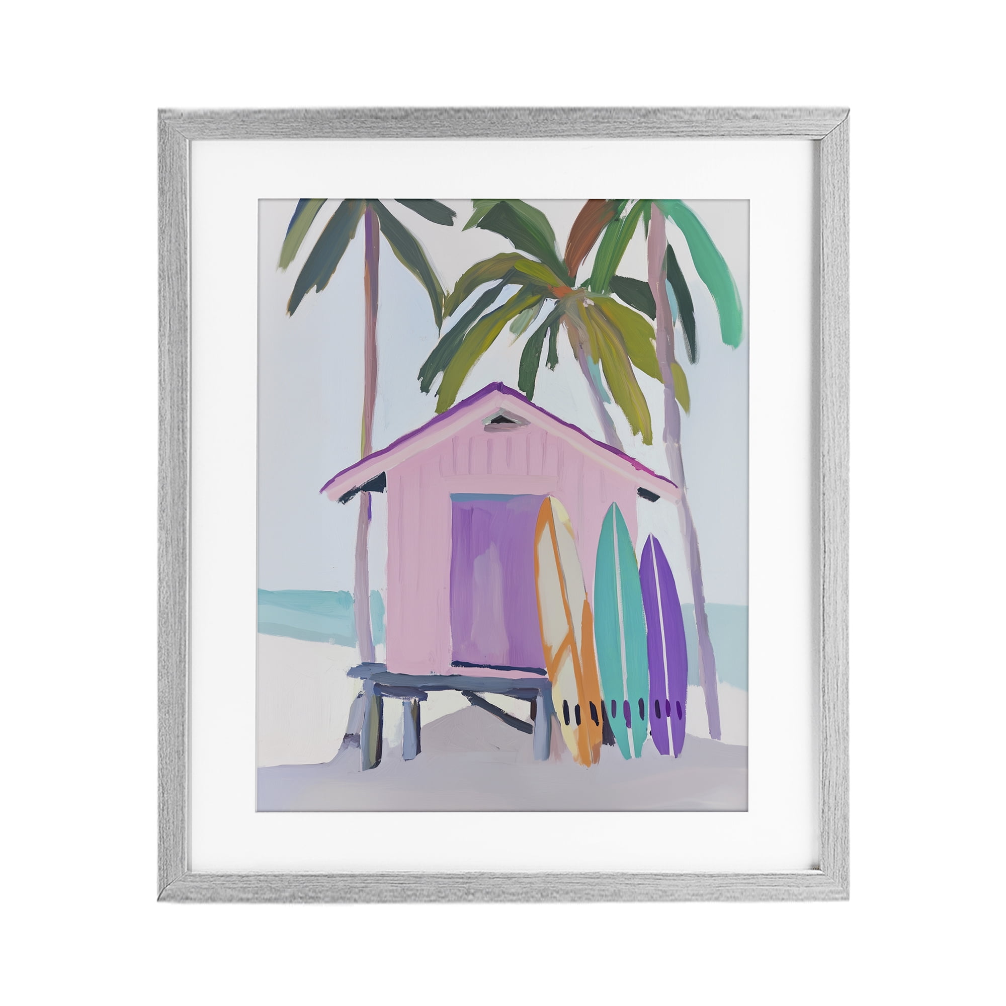 Stupell Industries Pink Beach Hut with Surfboards Gray Framed Print Under Glass, design by Sisi and Seb
