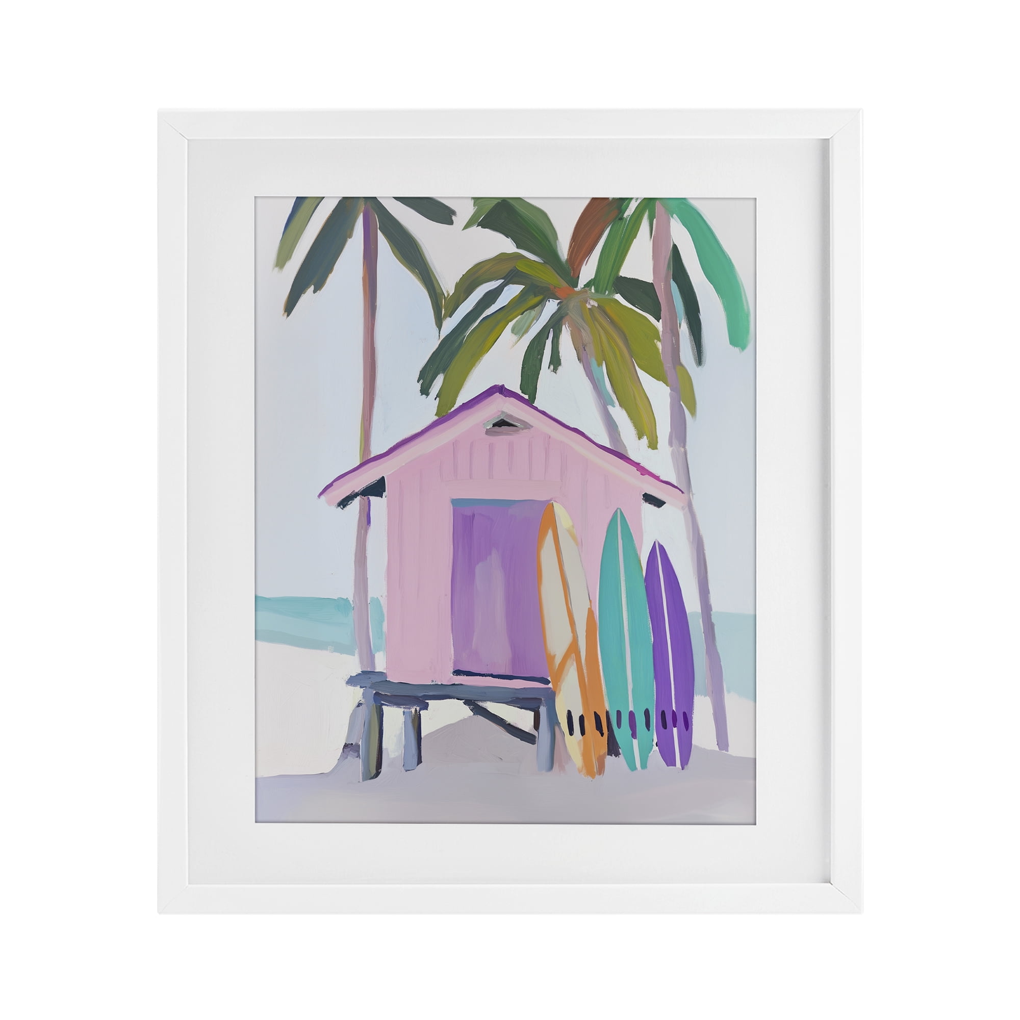 Stupell Industries Pink Beach Hut with Surfboards White Framed Print Under Glass, design by Sisi and Seb