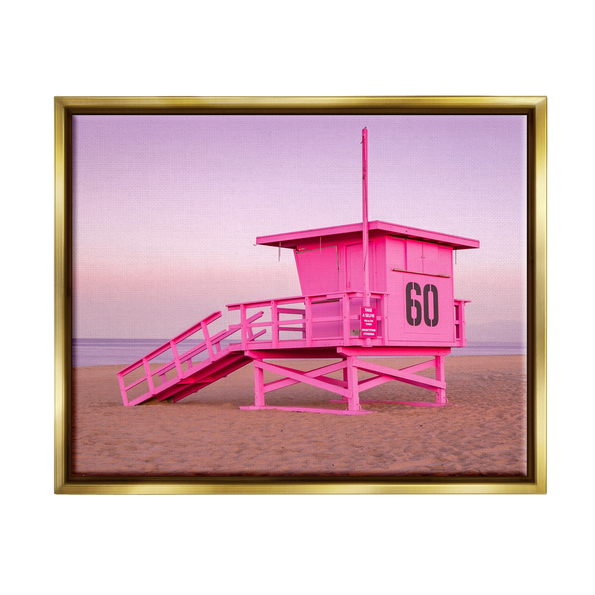 Stupell Industries Pink Beach Shack Photography Purple Sky Coast Photograph Metallic Gold Floating Framed Canvas Print Wall Art, Design by Jeff Poe Photography