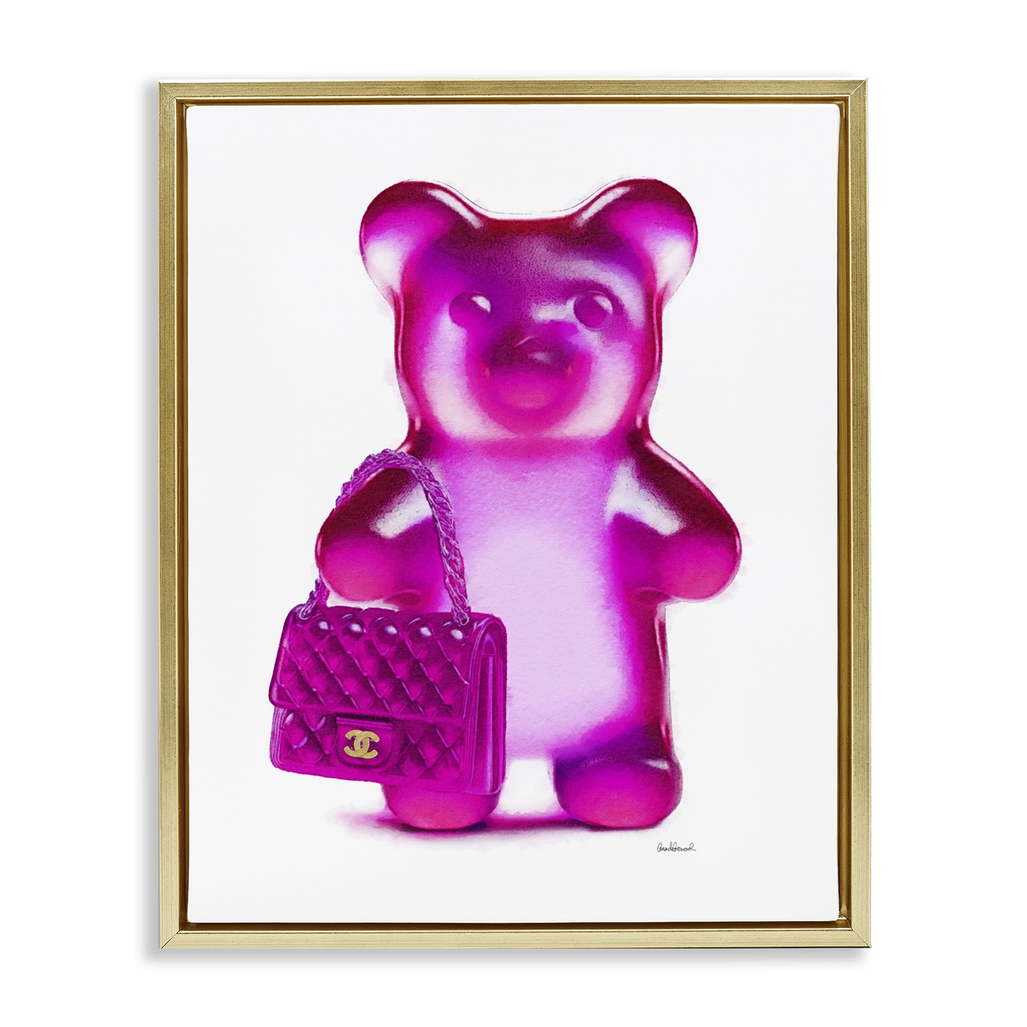 Stupell Industries Pink Bear & Purse Fashion Painting Gold Floater Framed Canvas Art Print Wall Art, 17 x 21