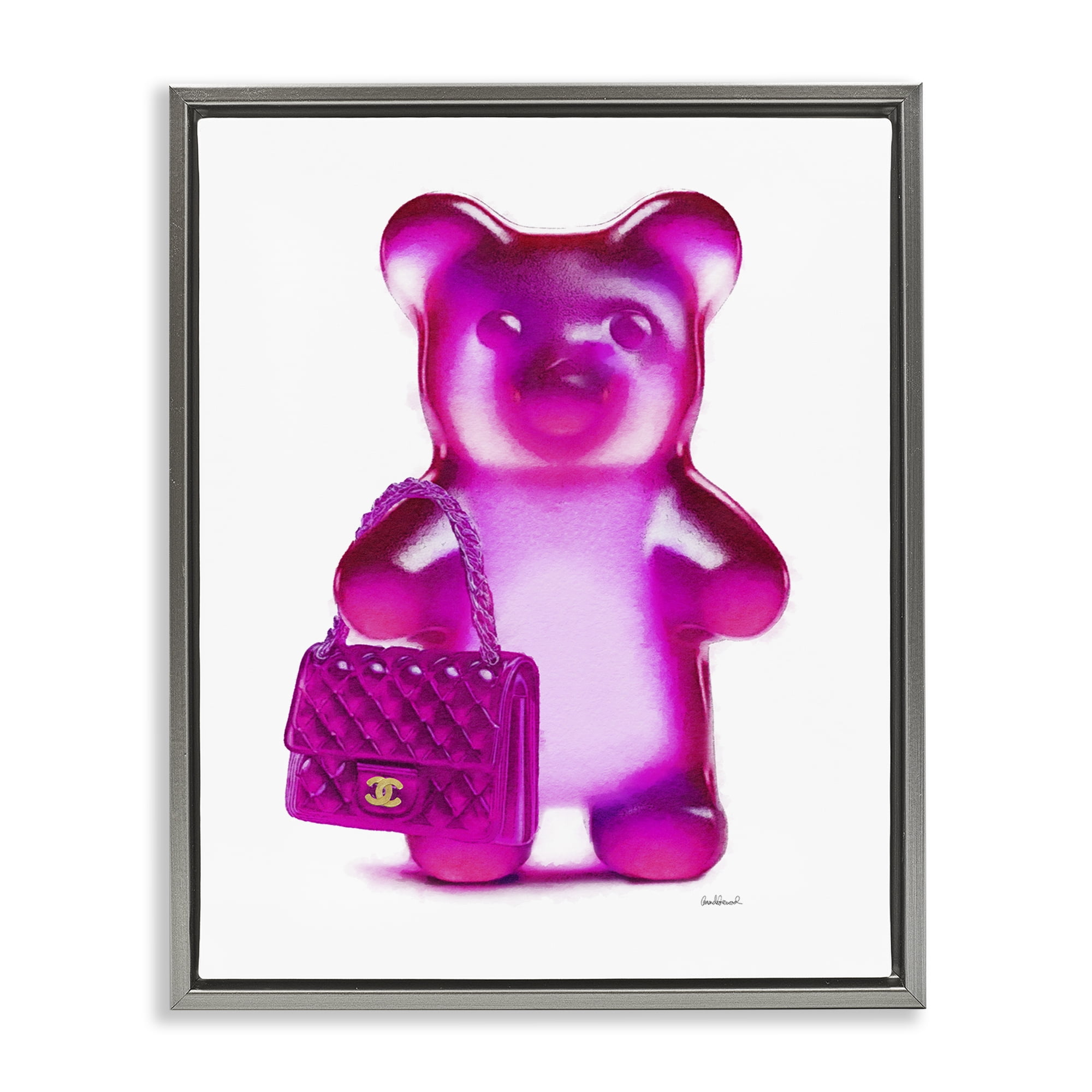 Stupell Industries Pink Bear & Purse Fashion Painting Gray Floater Framed Canvas Art Print Wall Art, 25 x 31