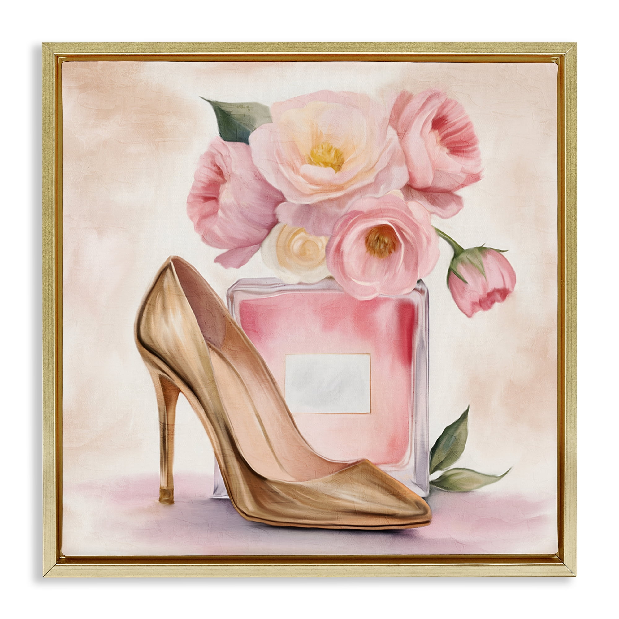 Stupell Industries Pink Beauty Heel & Flowers Gold Framed Floater Canvas Wall Art, design by Kim Allen
