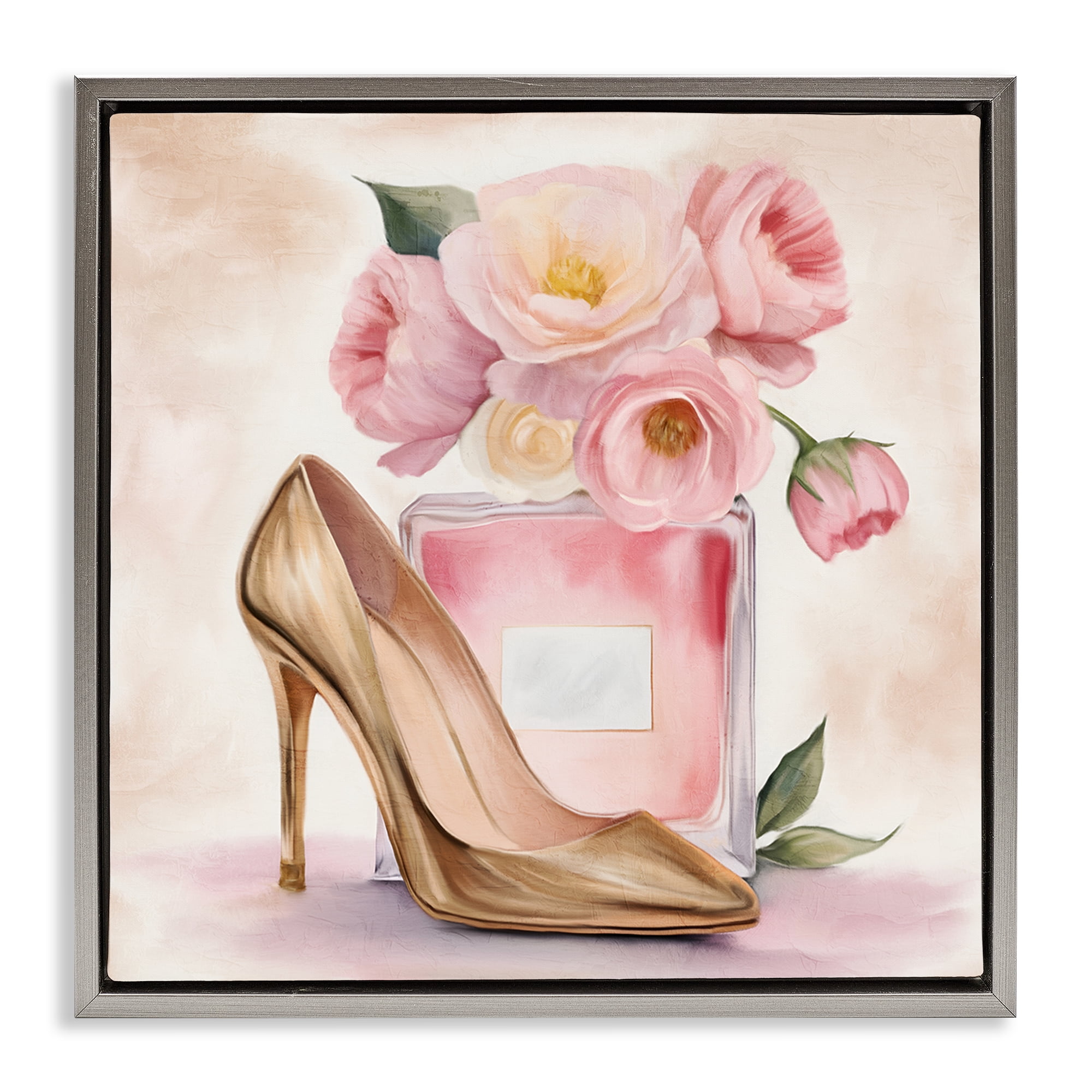 Stupell Industries Pink Beauty Heel & Flowers Gray Framed Floater Canvas Wall Art, design by Kim Allen