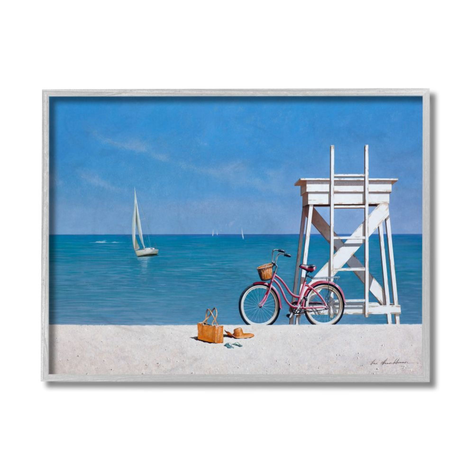 Stupell Industries Pink Bicycle Traditional Beach Lifeguard Stand Design by Zhen-Huan Lu