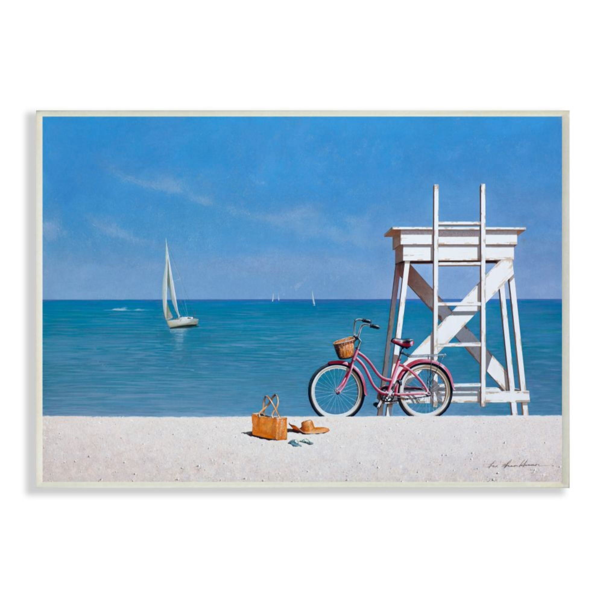 Stupell Industries Pink Bicycle Traditional Beach Lifeguard Stand Paintings Unframed Art Print Wall Art, 10x15, by Zhen-Huan Lu