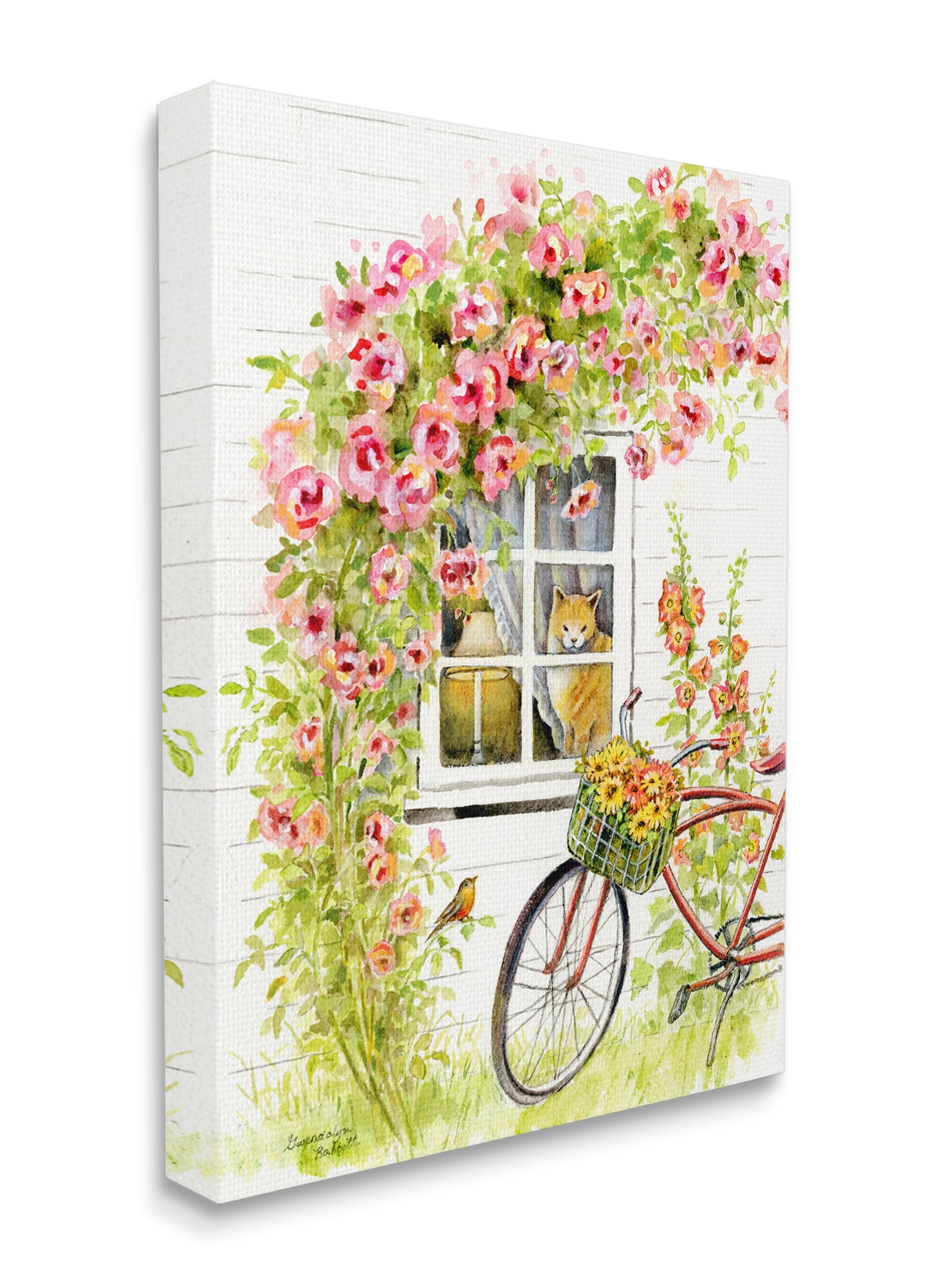 Stupell Industries Pink Bicycle with Charming Cat Cottage Canvas Wall Art, 24 x 30, Design by Gwendolyn Babbitt