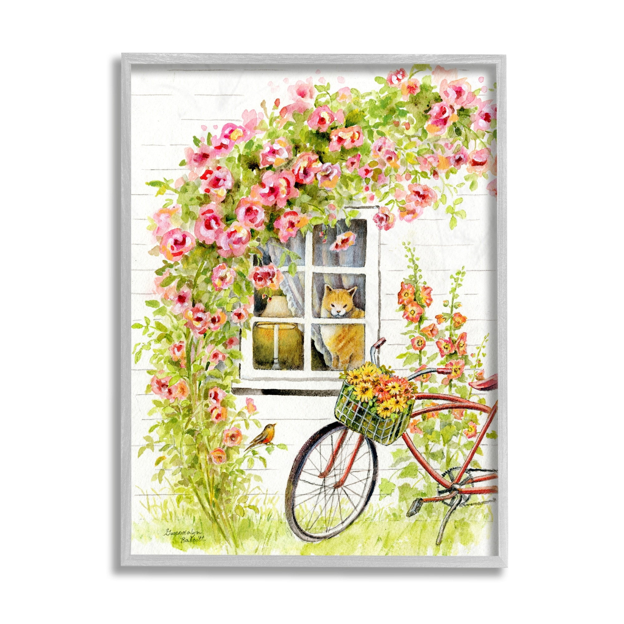 Stupell Industries Pink Bicycle with Charming Cat Cottage Grey Framed, 16 x 20, Design by Gwendolyn Babbitt