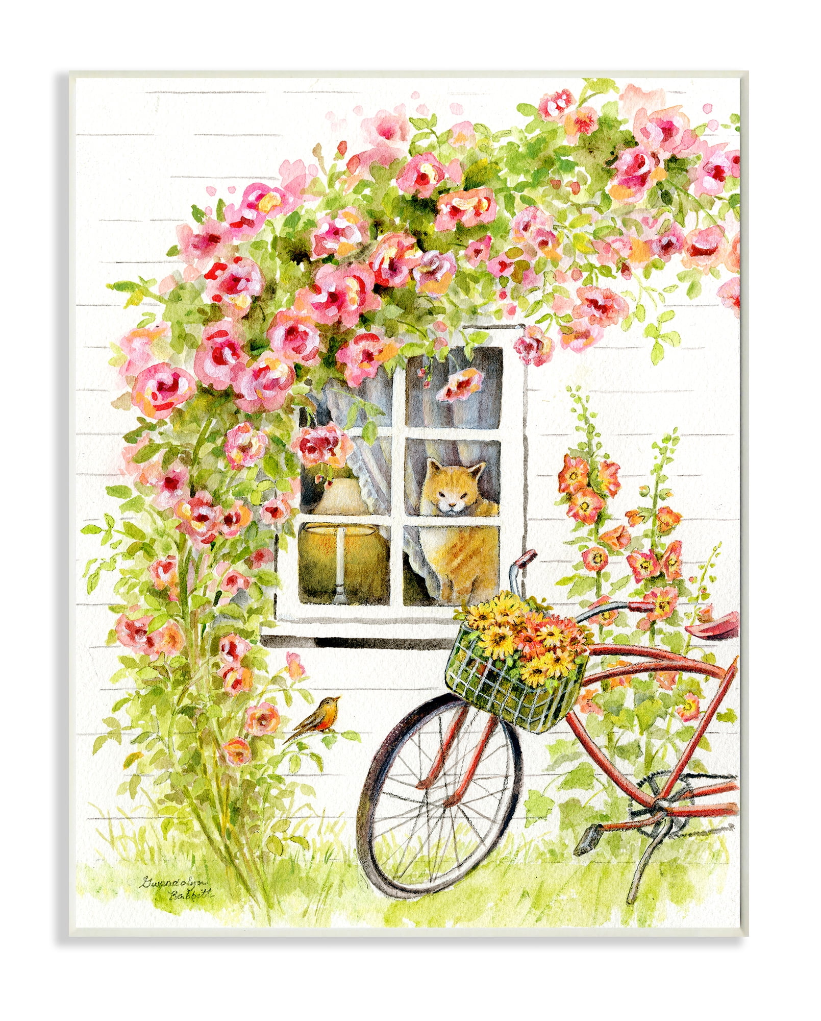 Stupell Industries Pink Bicycle with Charming Cat Cottage Wall Plaque, 10 x 15, Design by Gwendolyn Babbitt