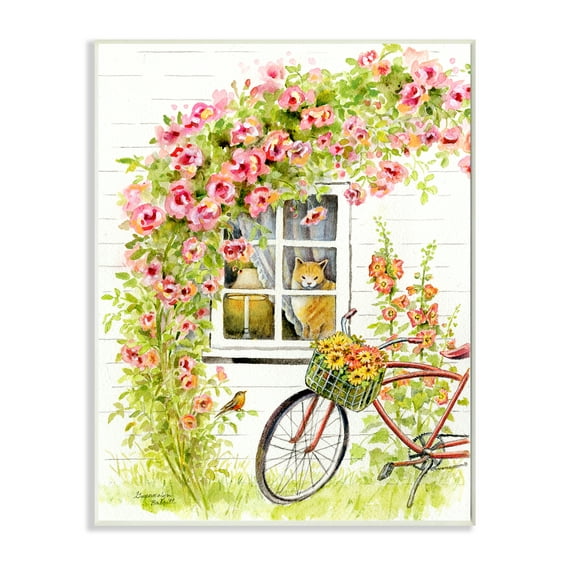 Stupell Industries Pink Bicycle with Charming Cat Cottage Wall Plaque, 10 x 15, Design by Gwendolyn Babbitt