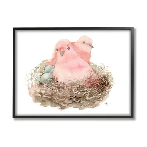 Stupell Industries Pink Birds Nesting with Soft Blue Eggs Animals & Insects Painting Black Framed Art Print Wall Art, 11 x 14